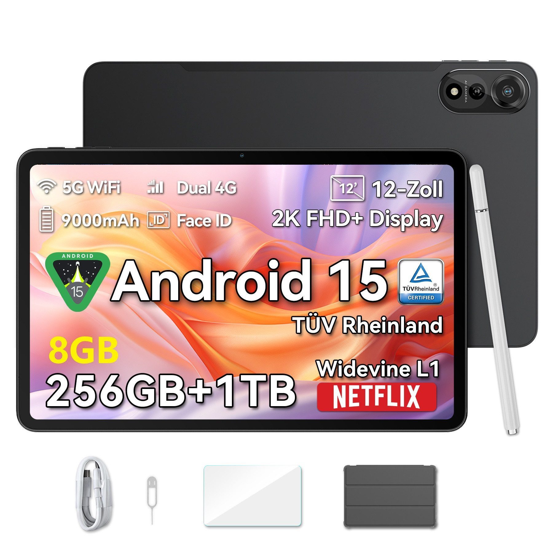 blackview 2026 12“ Mega2 128/256GB 4G LTE Android 15 2,4K Display Tablet (12", 256 GB, Android 15, 4G (LTE), 5G WiFi, 2K, Android 15, 9000mAh, 4G LTE, 128/256GB)