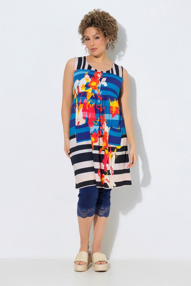 Ulla Popken Minikleid Jerseykleid Patchdruck A-Linie Rundhals ärmellos