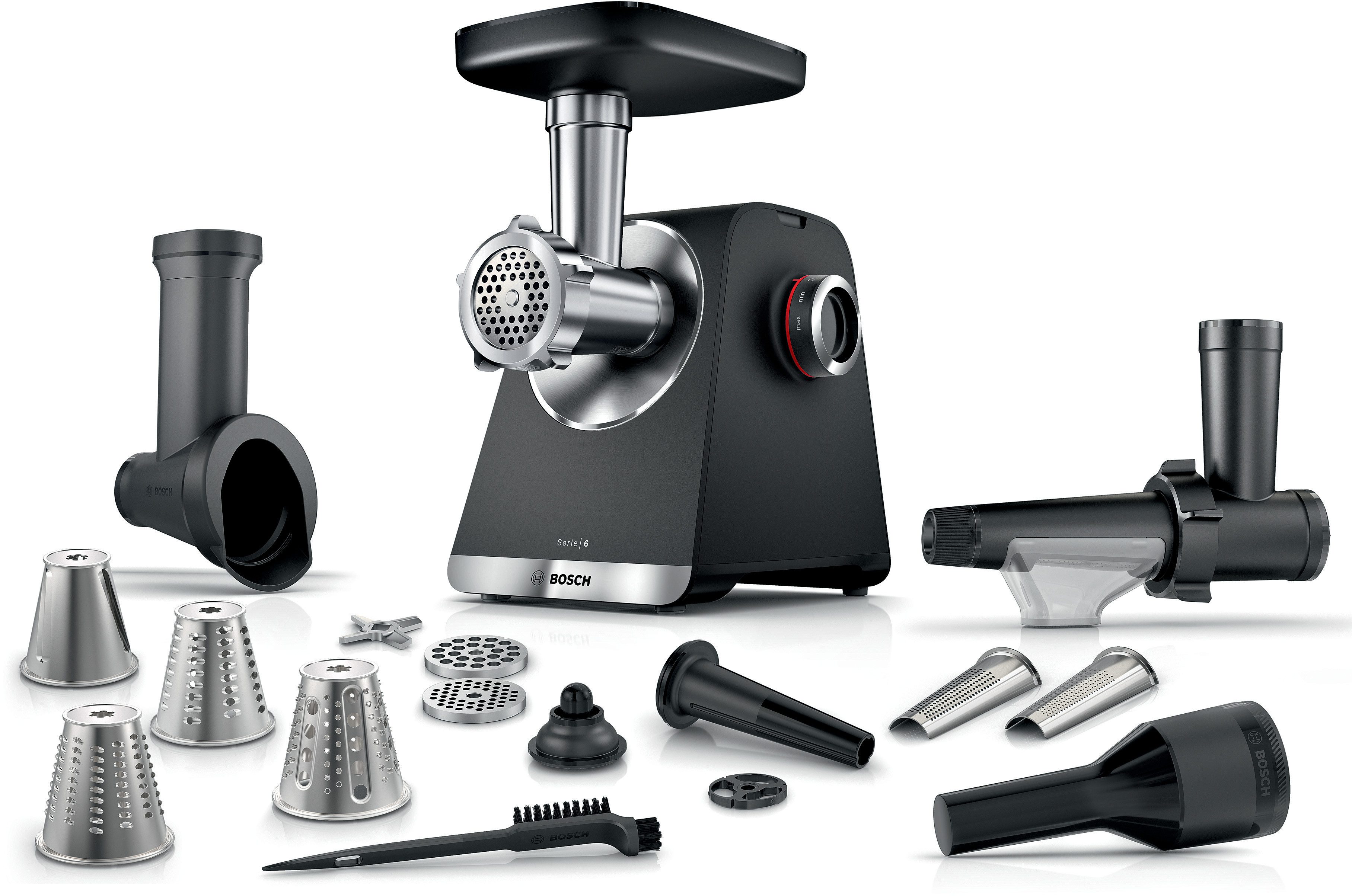 BOSCH Fleischwolf Serie 6 MFWS660B, 3,5kg/Min., Raspel, 2 Lochscheiben (3&8mm), schwarz, 500 W, Fruchtpresse, 2 Stufen, 10 J Motorgarantie, Planetengetriebe