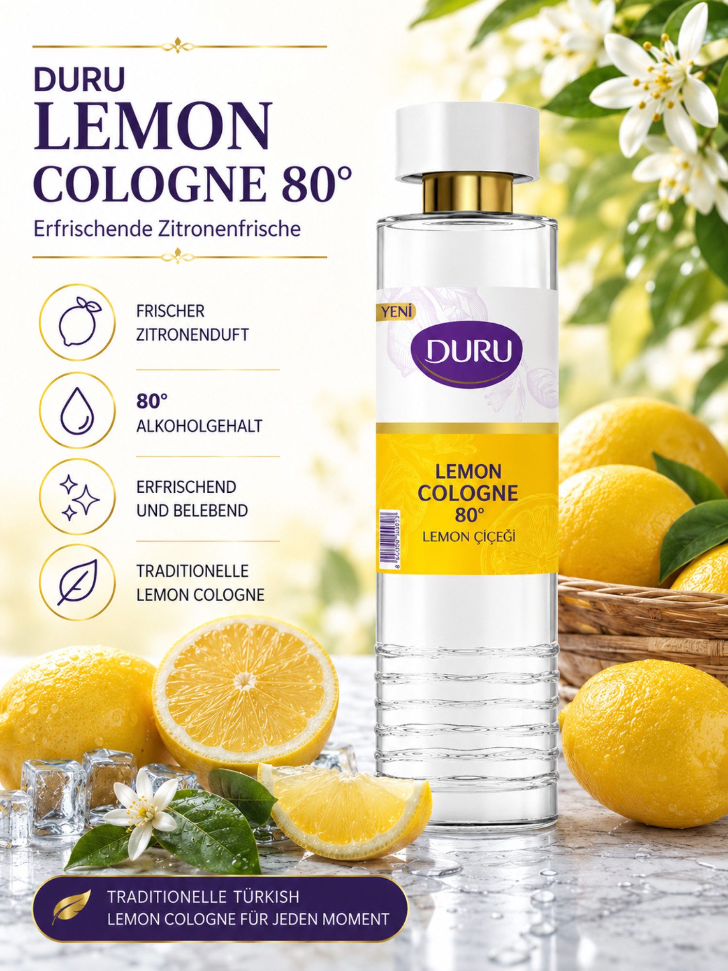DURU Eau de Cologne Duru Premium Cologne Serie, Erfrischendes Kölnisch Wasser, Frischer Zitronenduft, 80° Alkoholgehalt, Pet-flasche, 400 ml Inhalt