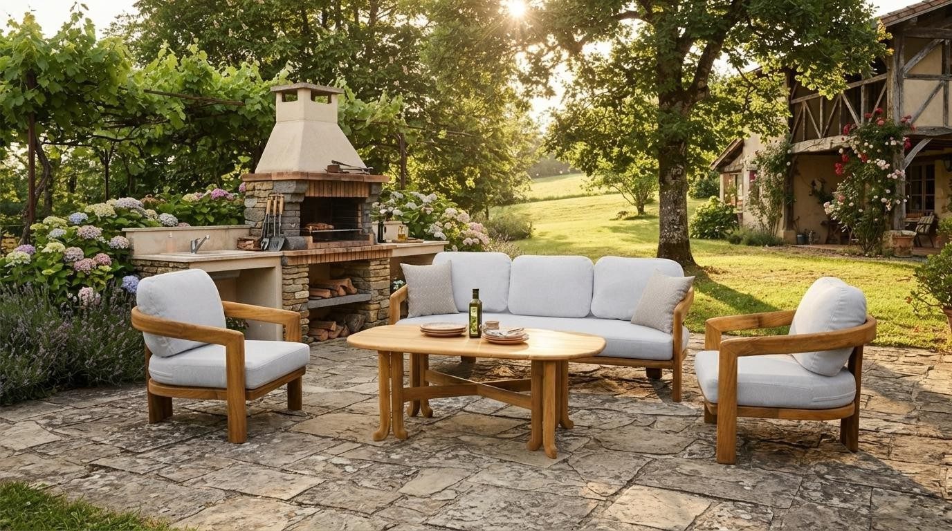 Xlmoebel Gartenlounge-Set Modernes 4-tlg. Lounge Set Beige Sofa 2 Sessel Couchtisch Holz, (4-tlg., 4-tlg)