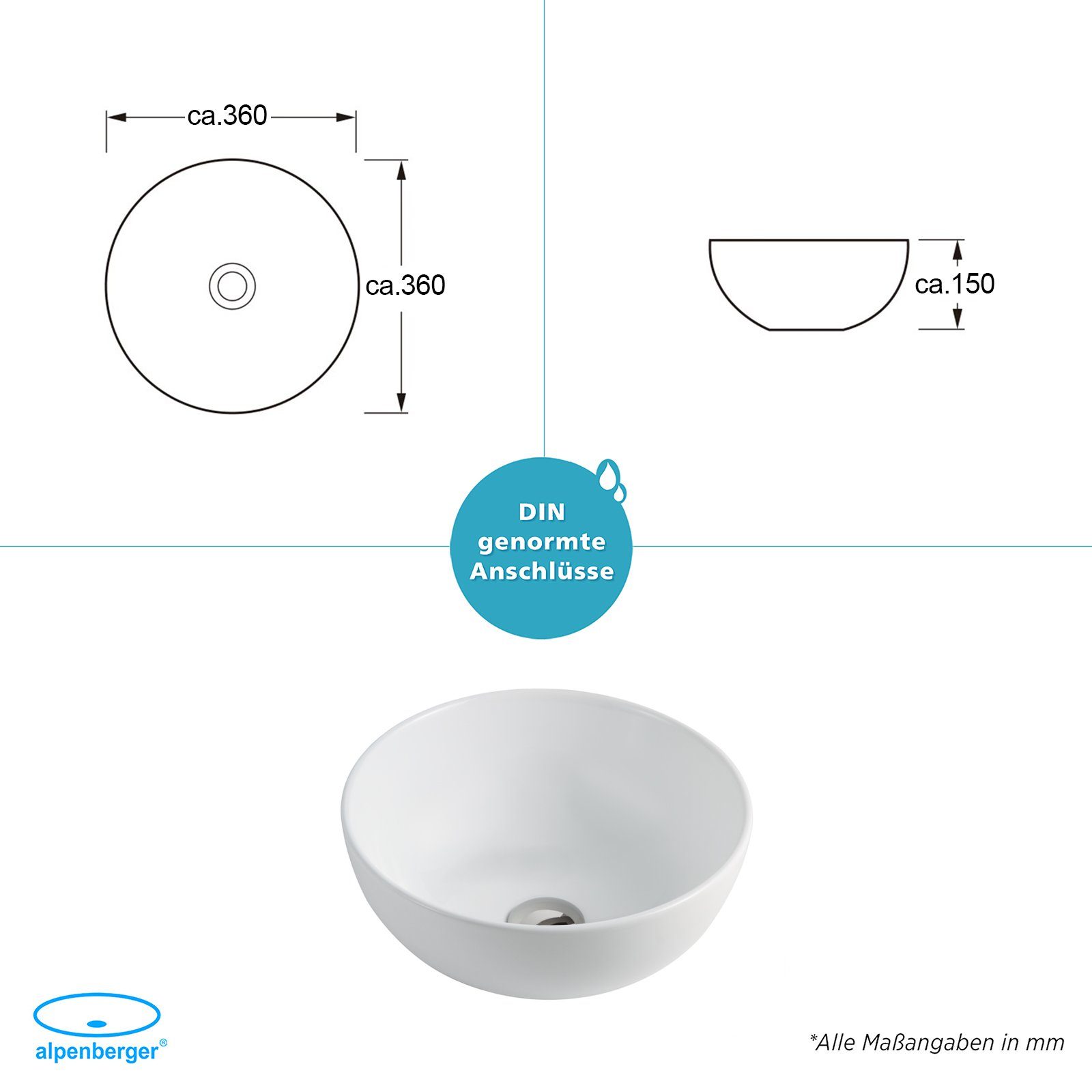 Alpenberger Aufsatzwaschbecken Gäste WC Waschbecken Klein - Waschschale Rund, Waschschüssel (Keramik Handwaschbecken, Aufsatzbecken mit Nano), Miniwaschbecken Schale ohne Hahnloch
