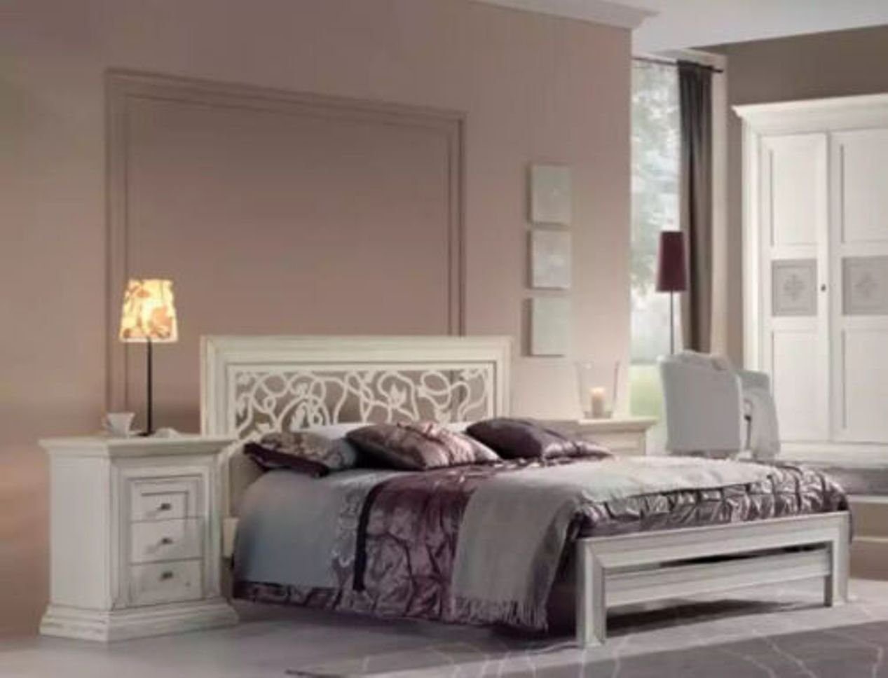 JVmoebel Schlafzimmer-Set Weiß Bett + 2x Nachttische 3tlg. Schlafzimmer Set Design Modern Italy, (3-St., Nur Bett + 2x Nachttische), Made in Italy