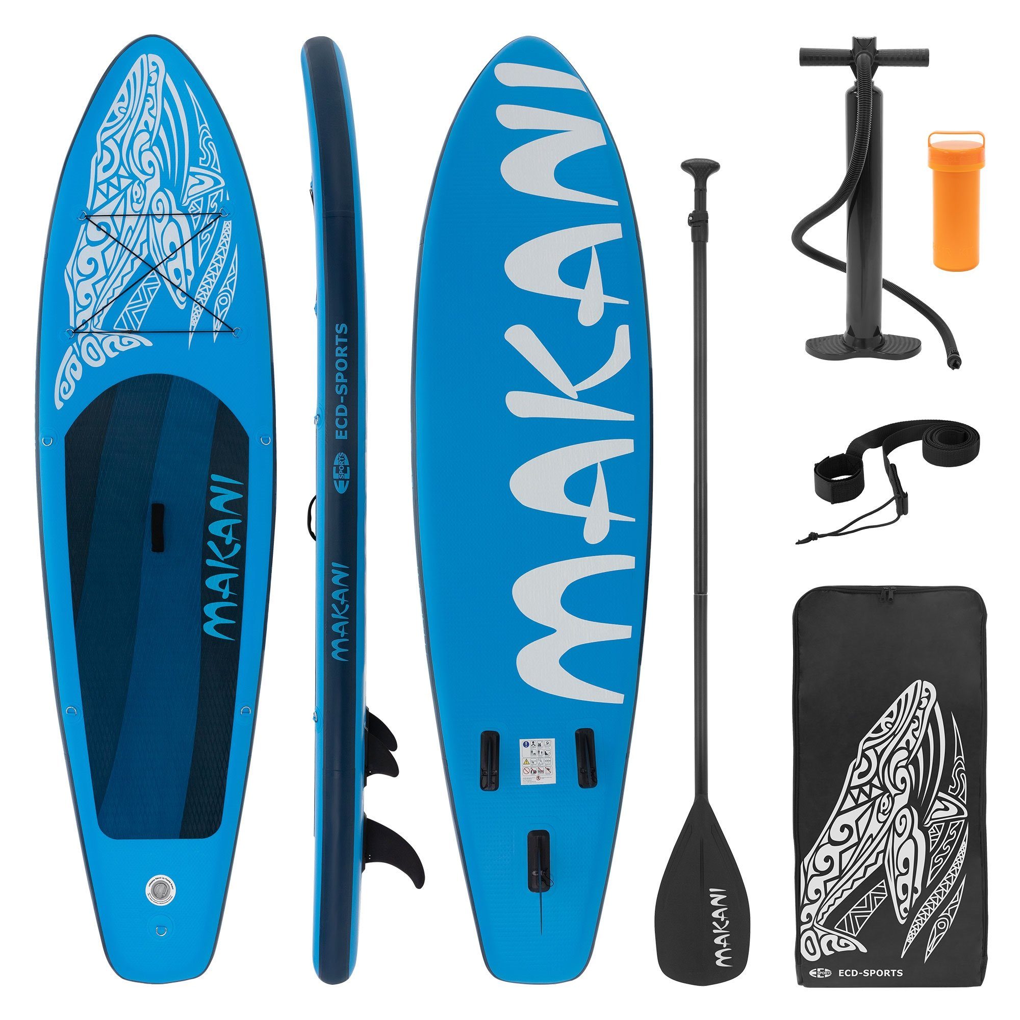 ECD Germany SUP-Board Aufblasbares Stand Up Paddle Board Makani Surfboard, 320x82x15cm Blau PVC bis 150 kg Pumpe Tragetasche Zubehör | SUP-Boards