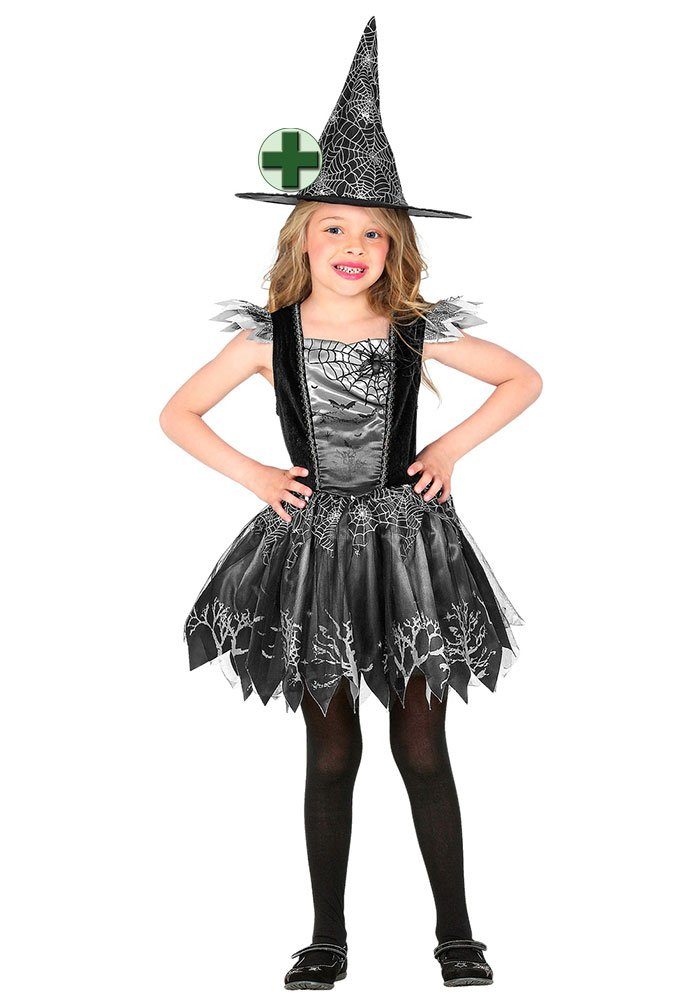 Hexen-Kostüm schwarz silber Hexenkleid mit Hexenhut Kinder