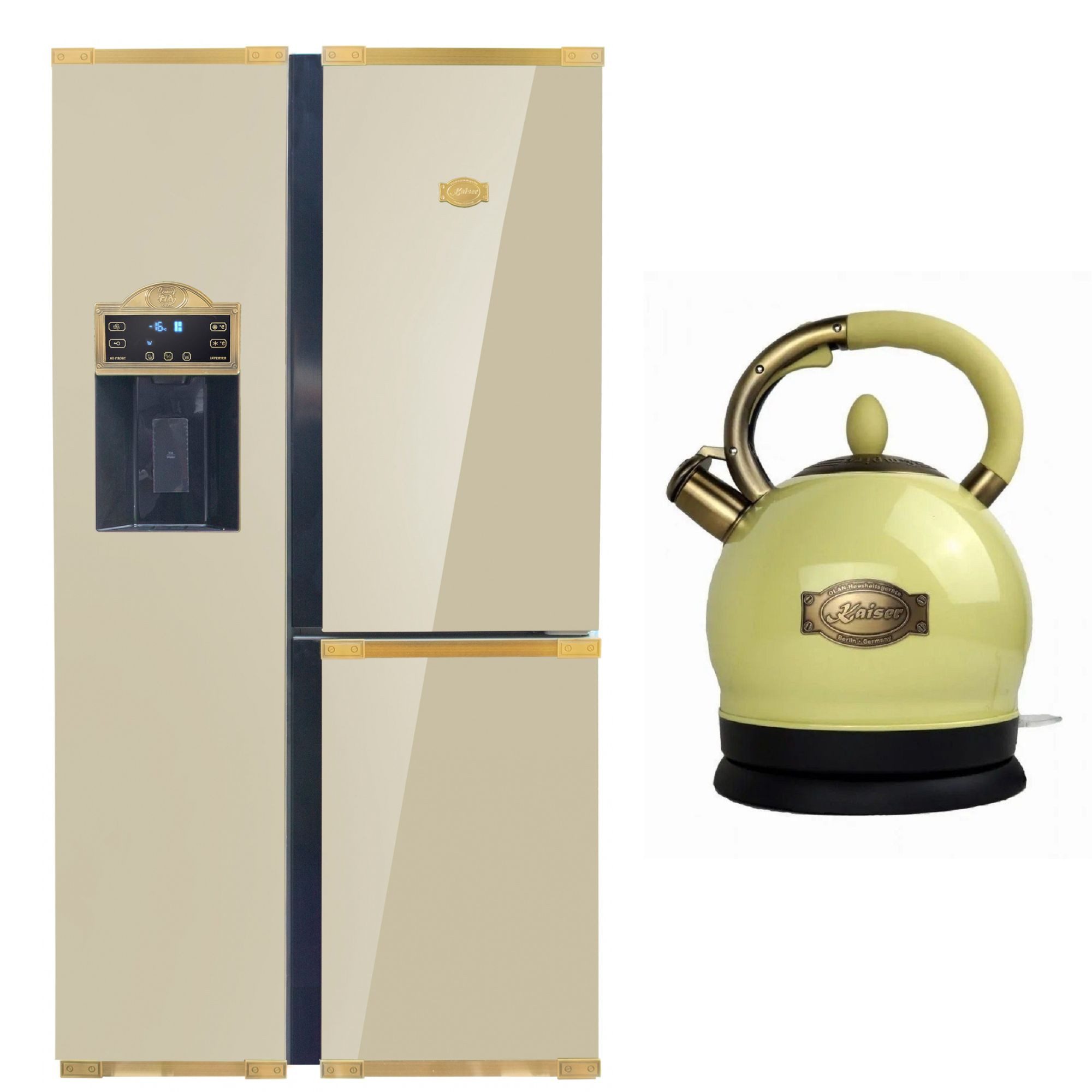 Kaiser Küchengeräte Side-by-Side Art Deco KS 90300 AD Bio Retro Kühlschrank Elfenbein, No Frost 538 L 183 cm+WK 2000 ElfEm Exklusiver Retro Wasserkocher Kontroll LED 2L 1800 W, 183 cm hoch, 91,1 cm breit, Kühl-Gefriergerät Side-by-Side Multi 9 Multifunktions+Wasserkocher