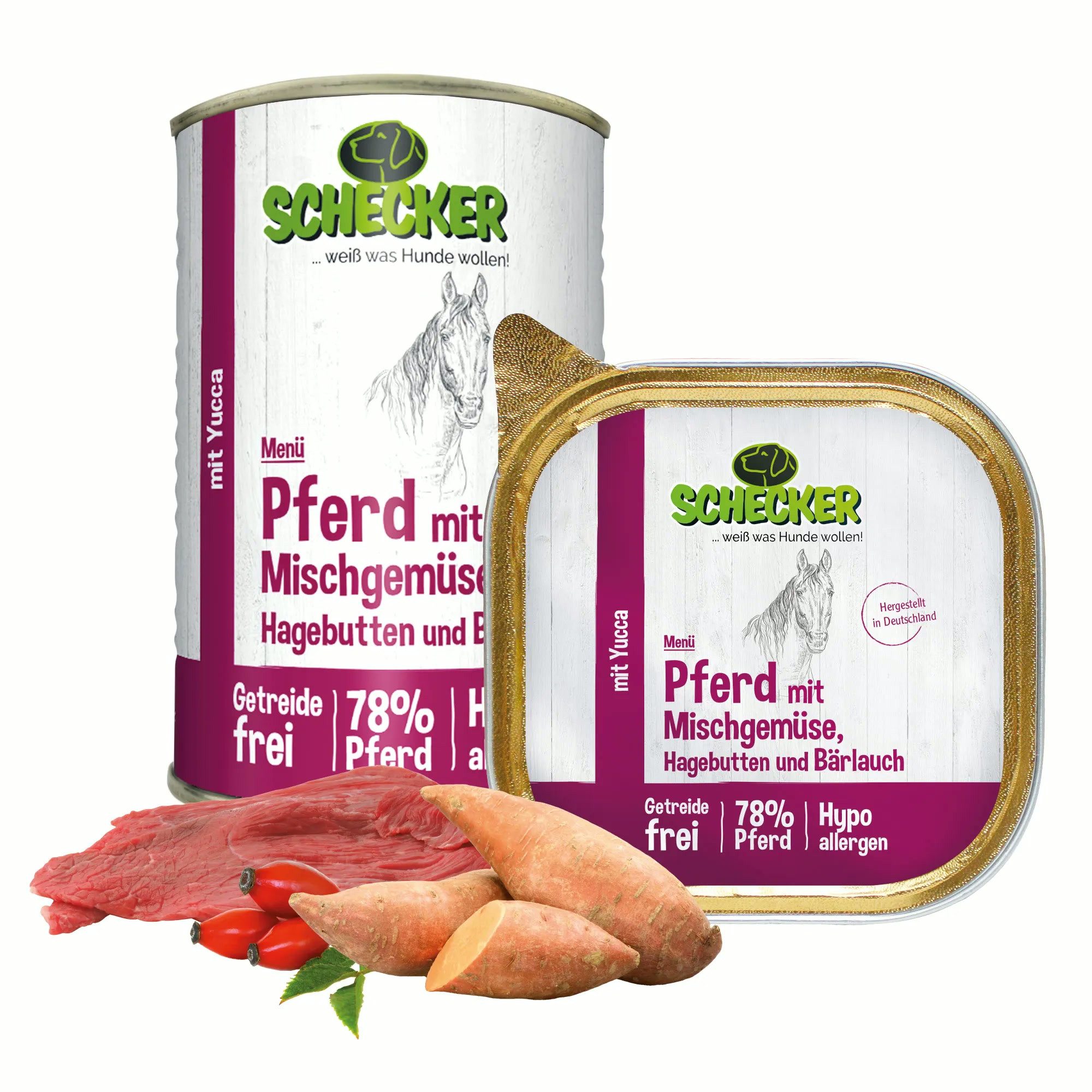 Schecker Menü Pferd mit Mischgemüse, Hagebutten und Bärlauch, Alleinfuttermittel für: Hunde, ohne Farbstoffe, ohne Konservierungsstoffe