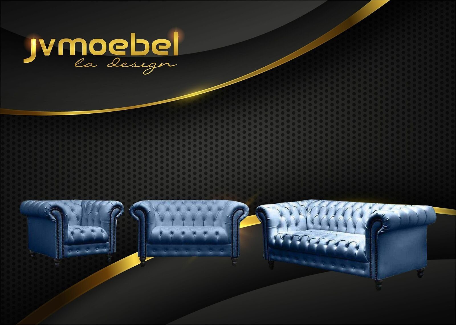 JVmoebel Sofa, Die Rückenlehne und die Sitzfläche ist mit Knöpfen verziert, Armlehne mit Nieten Blau