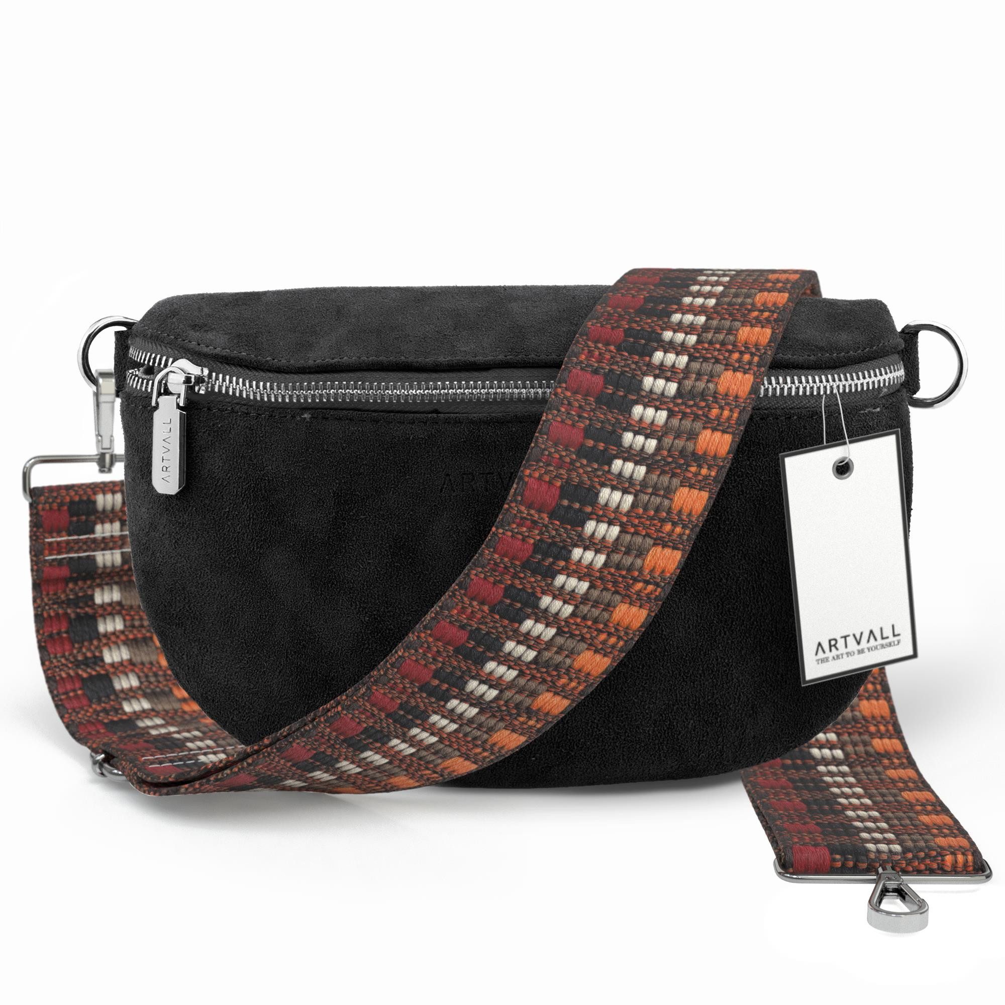 ARTVALL Umhängetasche Wildleder Handtasche Damen Brusttasche Schwarz (Tasche inkl. Сумкиband), Wildleder Bauchtasche mit Reißverschluss breites Schulterband Klein