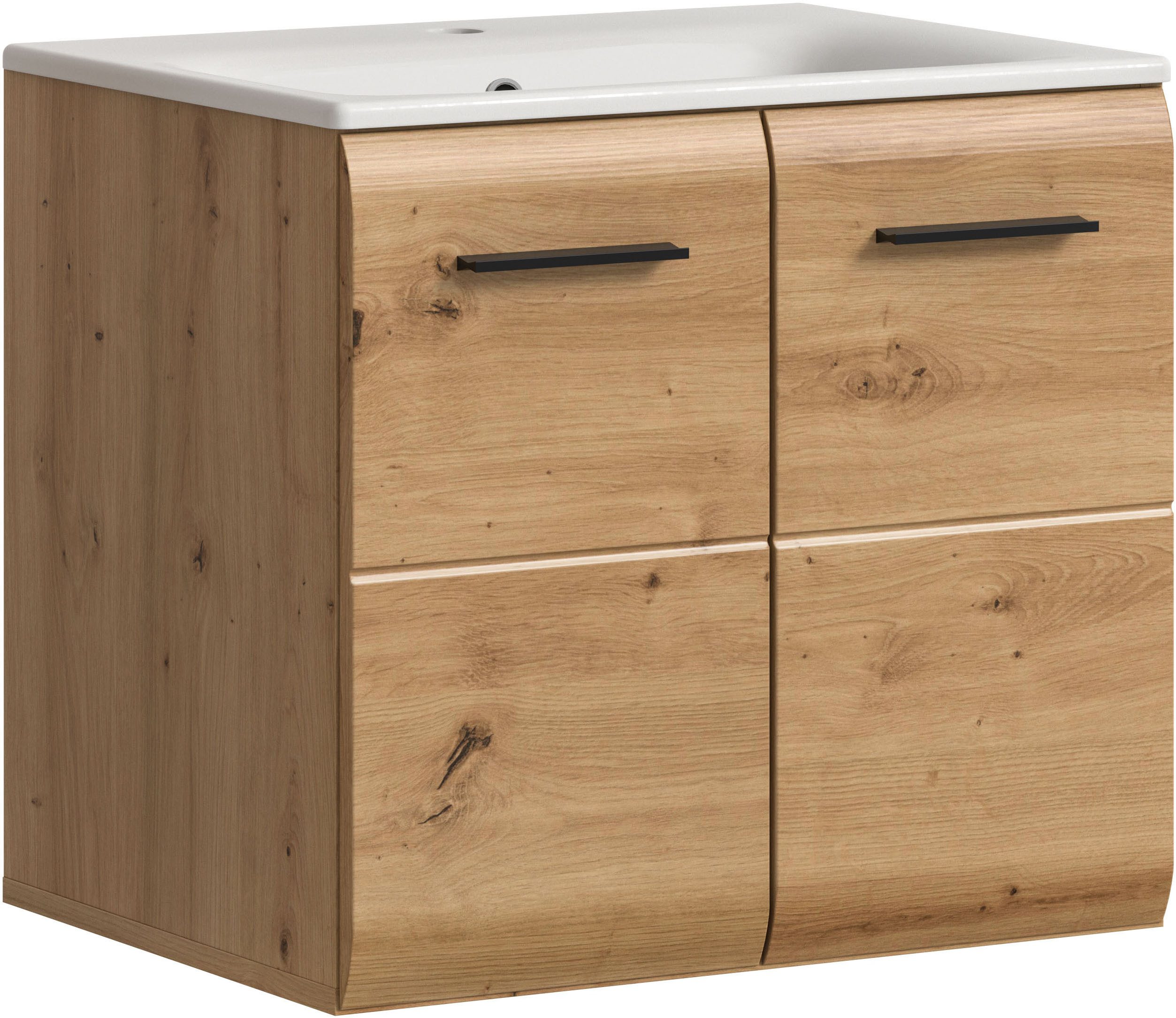 welltime Waschbeckenunterschrank FLORENZ, Breite 60 cm, inkl. Waschbecken, hängende Montage (2-St., TOPSELLER) hochwertige MDF Front, Griff schwarz, Badschrank, Bad