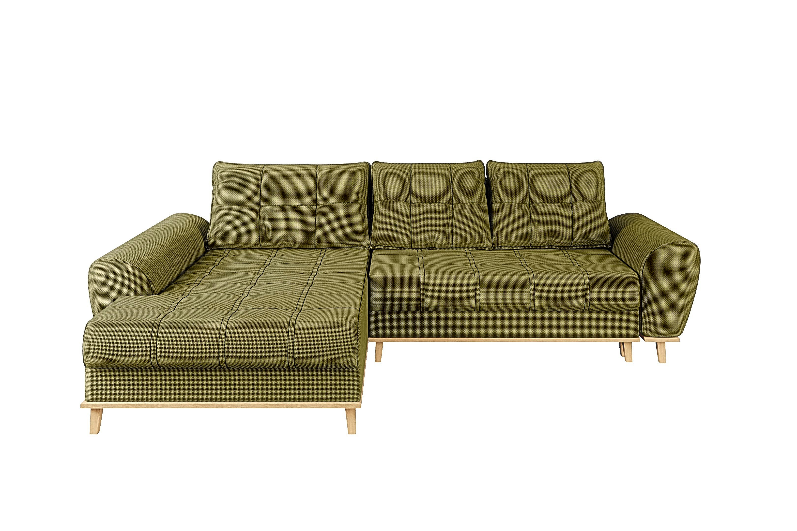 luma-home Ecksofa 21016, im Scandi-Stil mit Schlaffunktion und Bettkasten, Wellenunterfederung, B268/T175/H86 cm, Ottomane links, weicher Bouclé Chenille Stoff in Grün