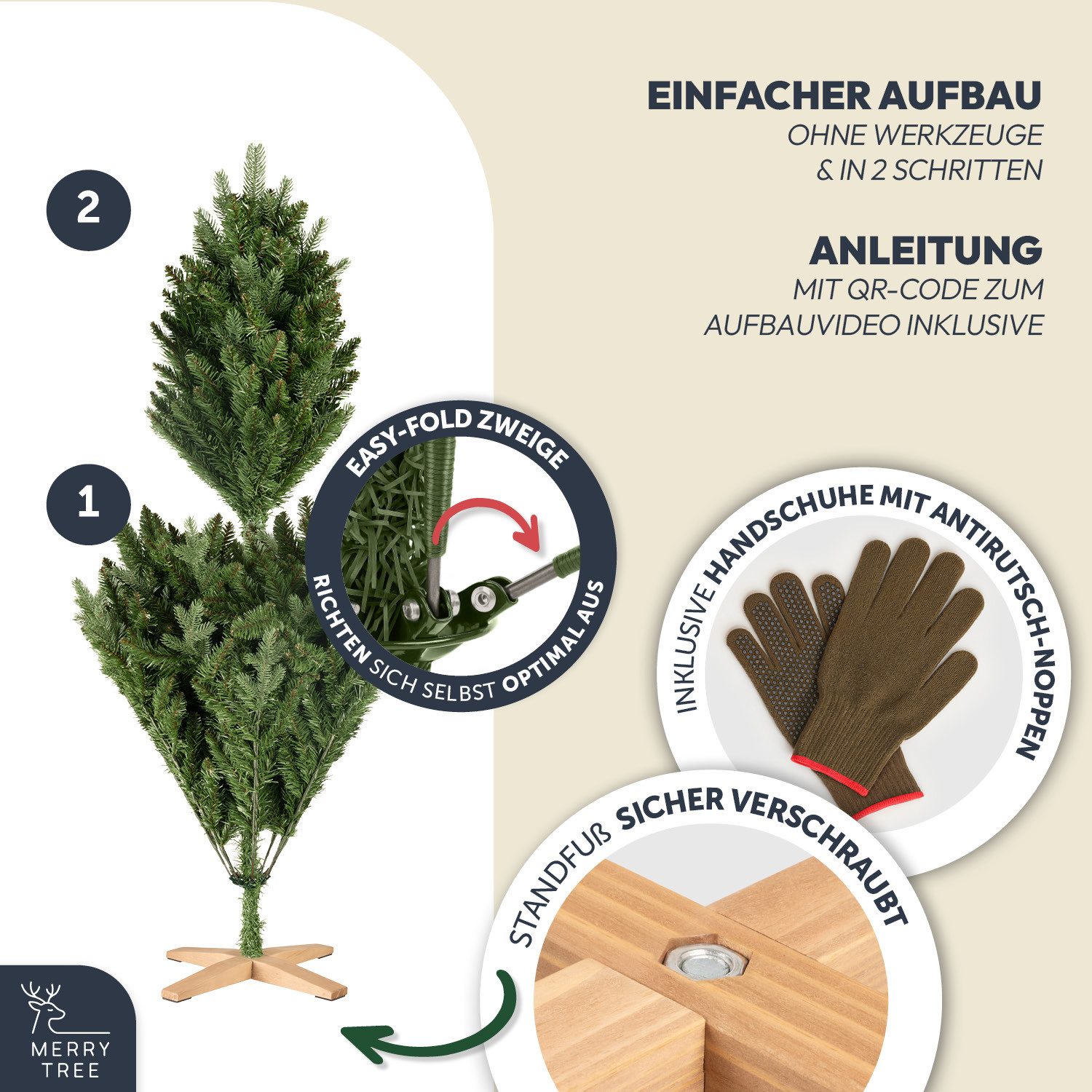 MERRY TREE Künstlicher Weihnachtsbaum Premium künstlicher Weihnachtsbaum aus naturgetreuem PVC + PE, Nordmanntanne, Spritzguss Mix mit massivem Holzfuß, mit und – Bild 5 von 5