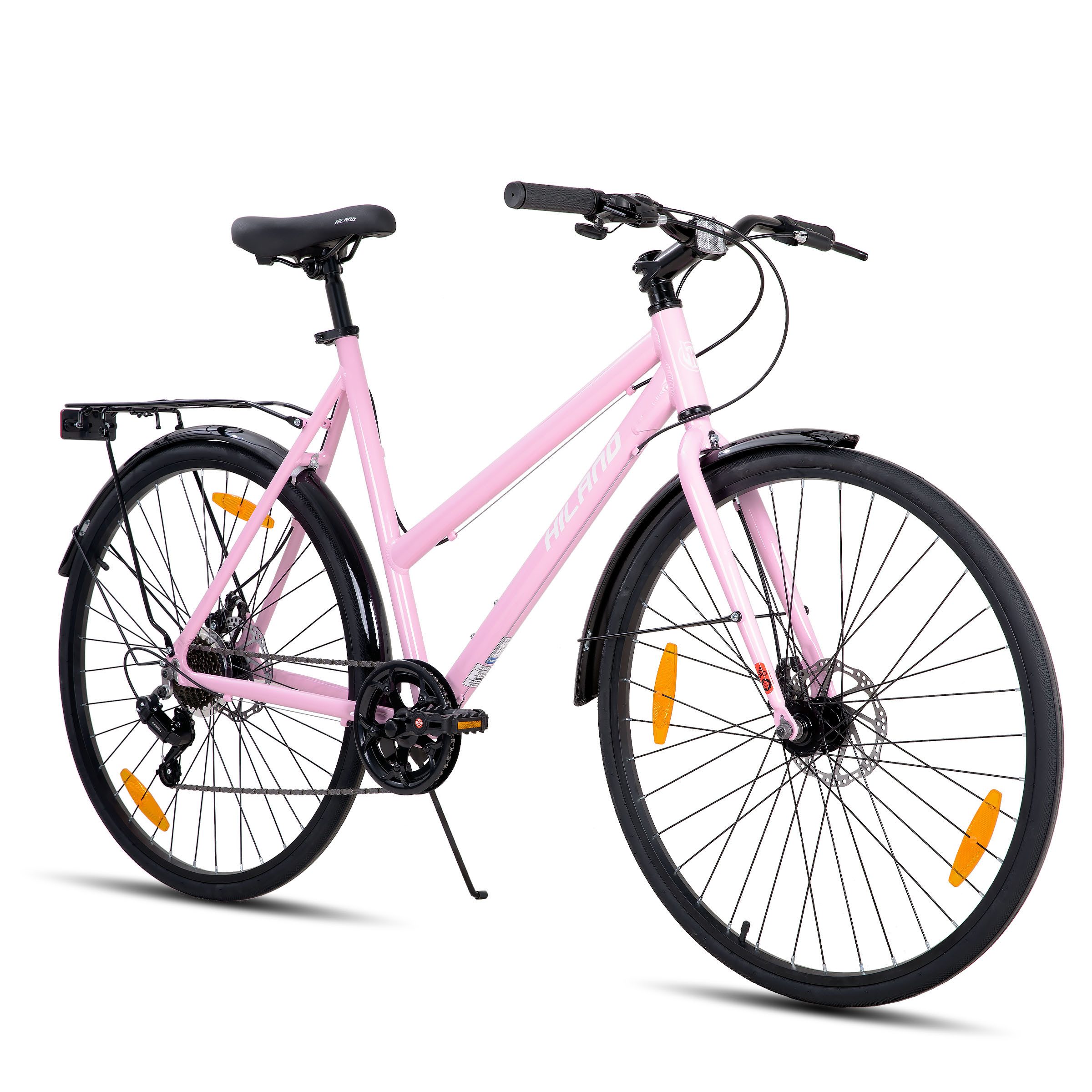 HILAND Cityrad 700C Herren Damen Student Aluminiumlegierung Pendler Stadtfahrrad, 7-Gang, mit Schutzblechen, Gepäckträger, Mechanische Scheibenbremse