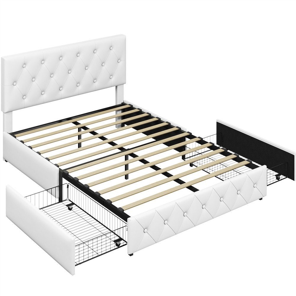 Yaheetech Polsterbett Doppelbett mit 2 Schubladen, Bettgestell 140 x 200 cm, Kopfteil hochstellbar, aus Kunstleder