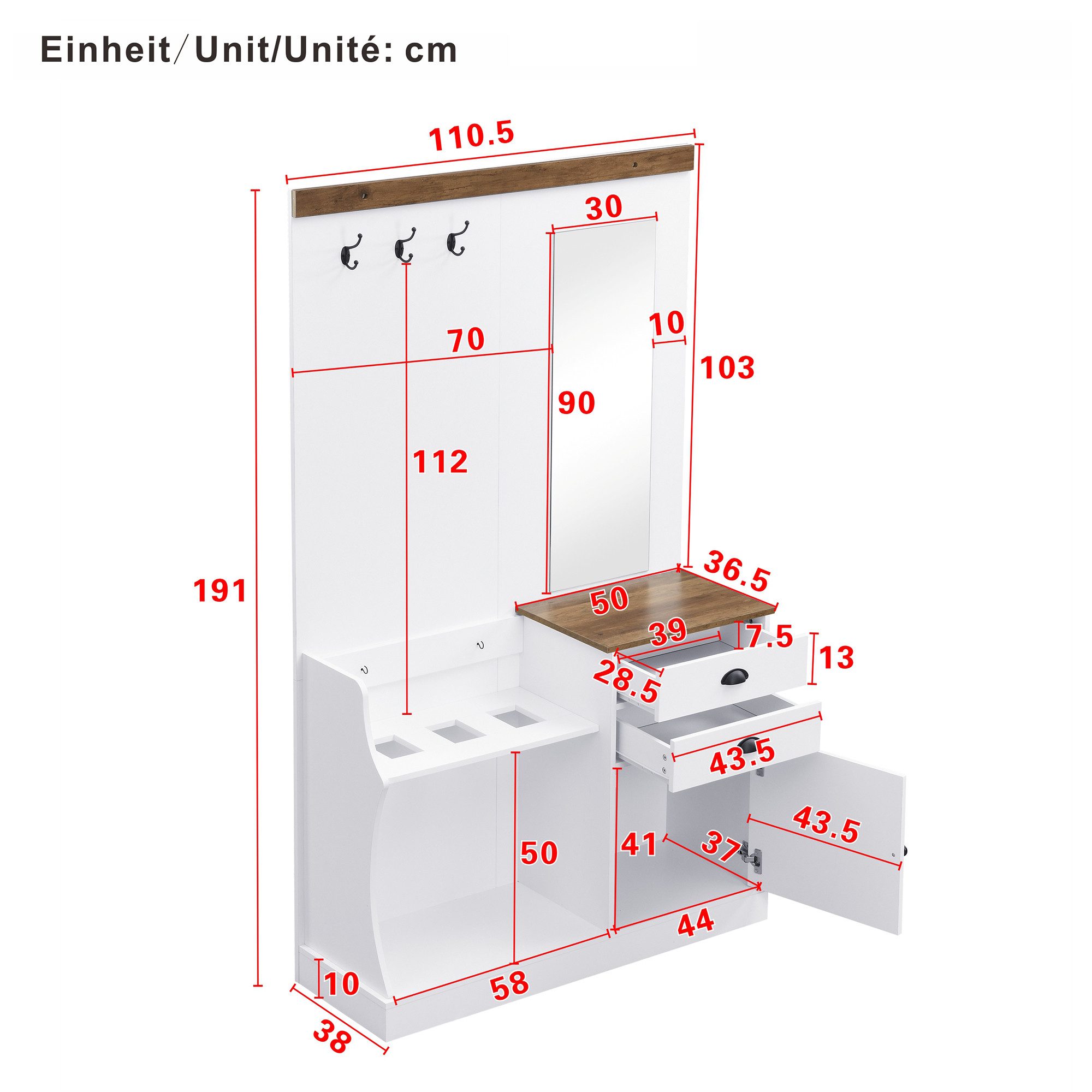 Merax Garderoben-Set mit Spiegel in Holz und Weiß, (Flurgarderoben Set Scandi Flurschrank, 1-St., 110,5 L x 38 B x 191 H (cm), Kompaktgarderobe mit Schubladen,  – Bild 5 von 5
