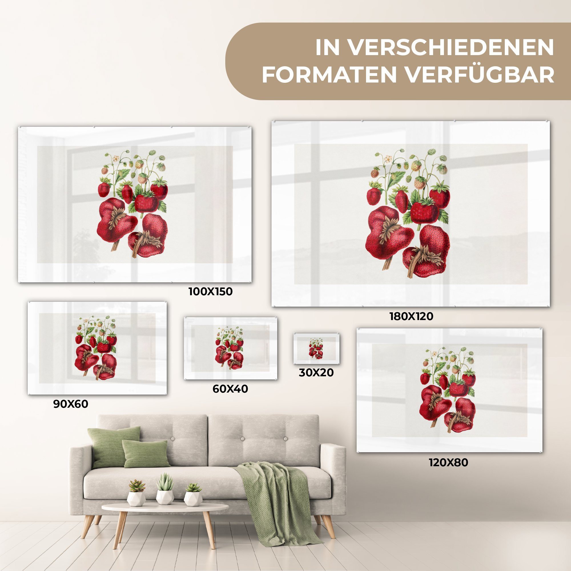 Wandbild Bilder - Pflanze, Glasbilder Wanddekoration Glas Foto - Acrylglasbild - (1 Erdbeeren - St), auf MuchoWow - Glas auf Obst