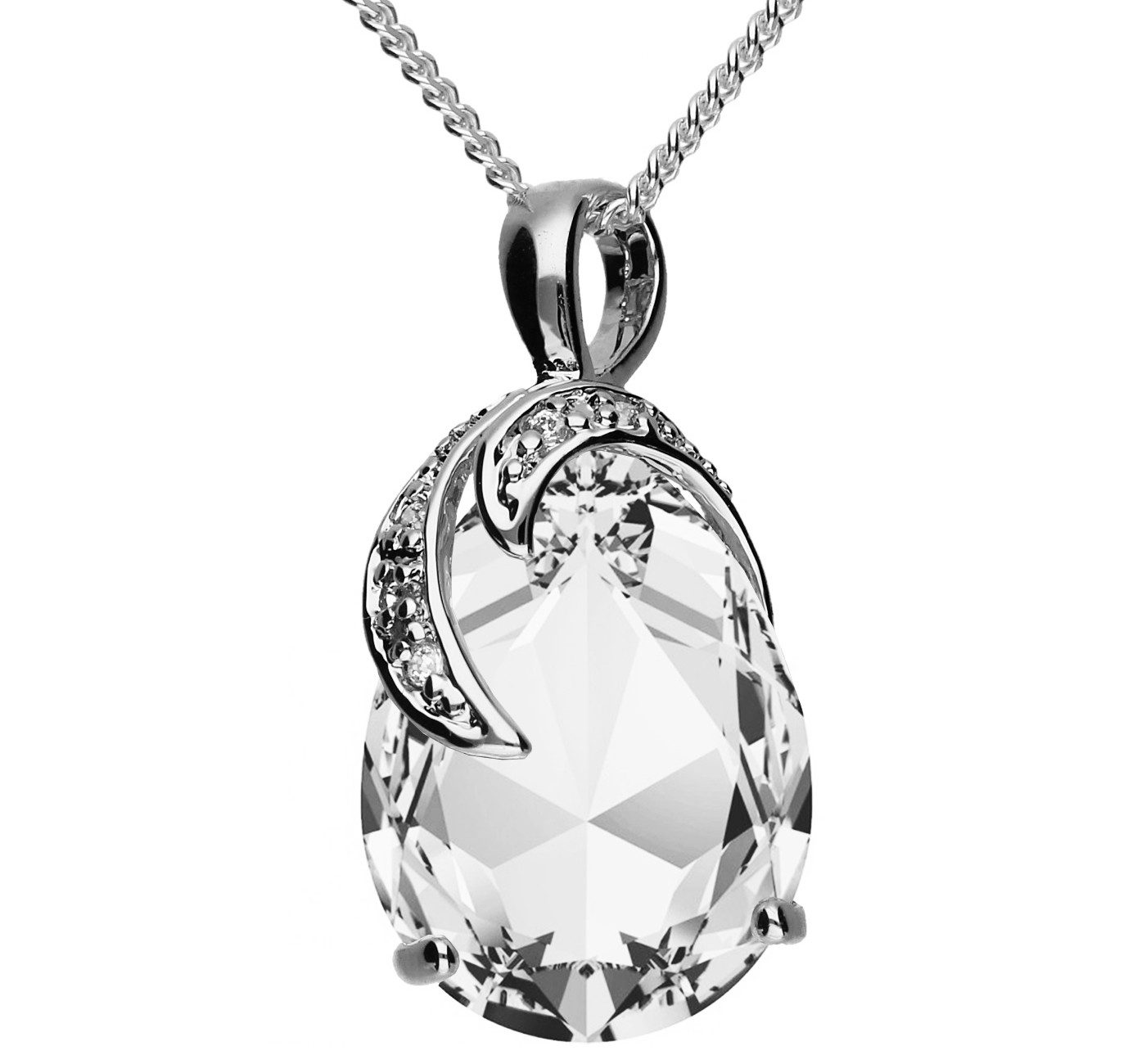 Kette mit Anhänger Halskette Oval Tropfen Anhänger Zirkonia Glitzer Stein Silber weiß