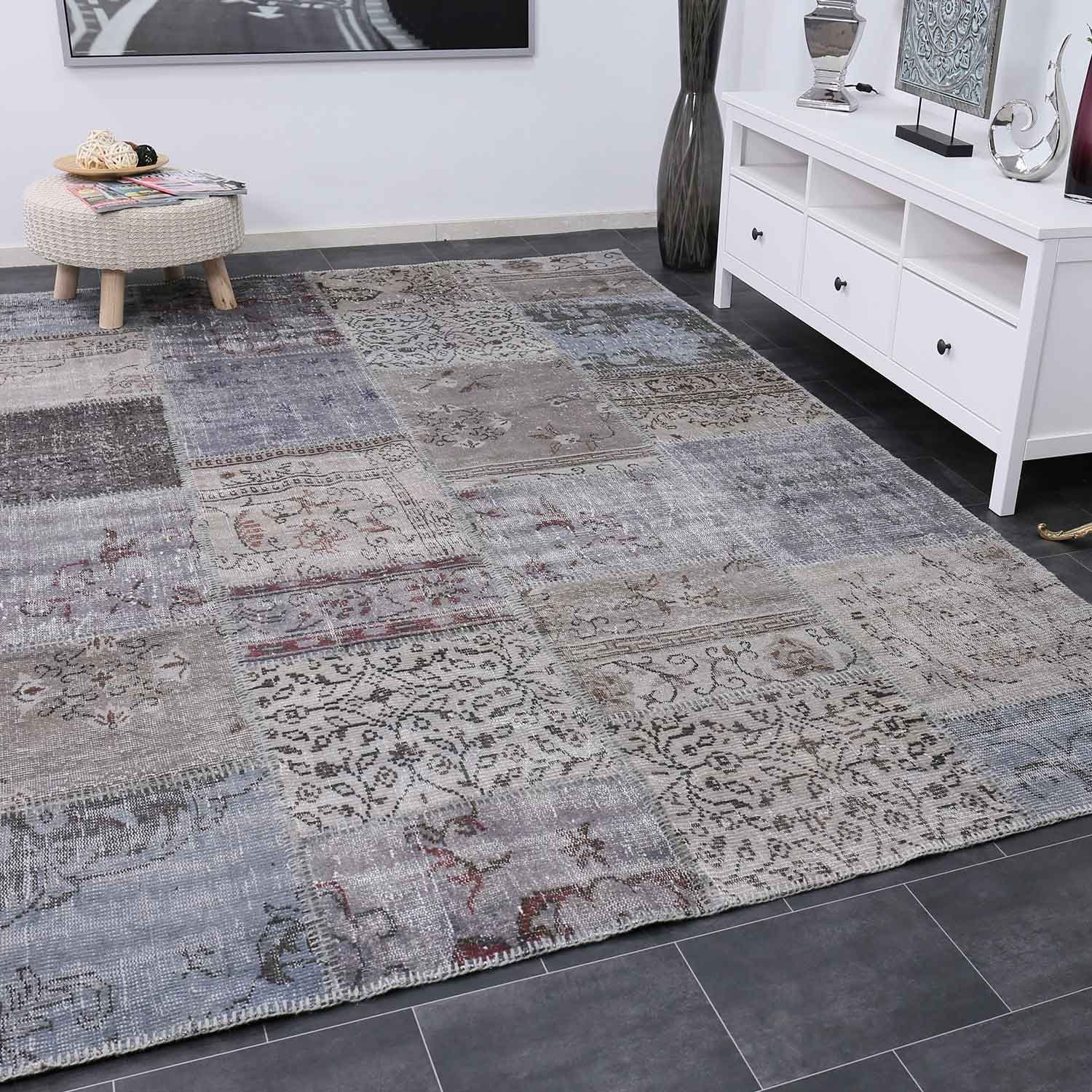 Teppich Wollteppich Hochwertiger Patchwork Teppich, Vimoda, Rechteckig, Höhe: 5 mm, Handgeknüpfter, Orientteppich, Grau, 200 x 290 cm