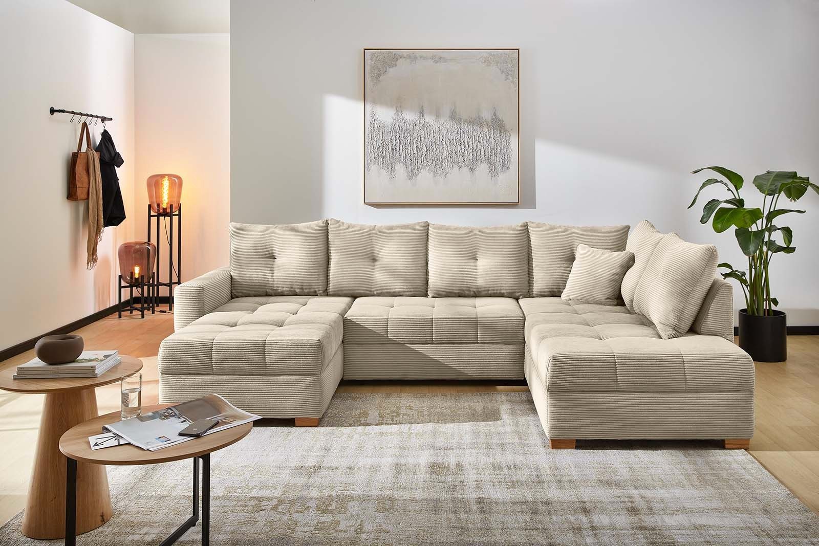 luma-home Wohnlandschaft 15218, U-Form mit Schlaffunktion und Bettkasten B313/T200/H92 cm, Schaumpolsterung, seitenverkehrt montierbar, Cord in Beige Grau