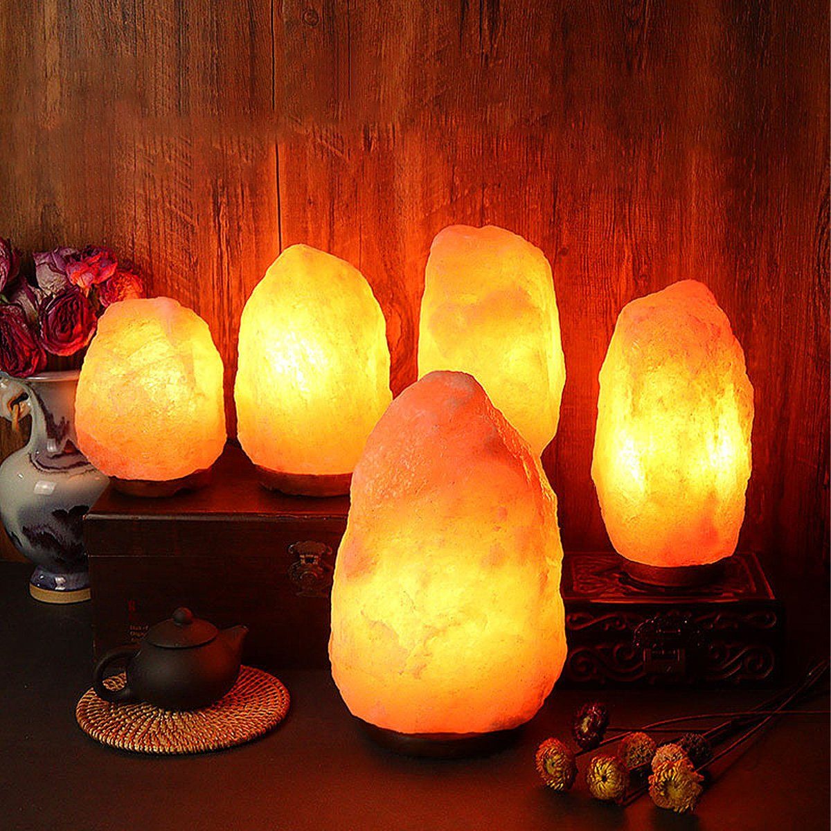 Welikera LED Tischleuchte Himalaya Salzlampe, Salzkristall-Tischlampe mit Holzsockel, dimmbar, 3-5kg