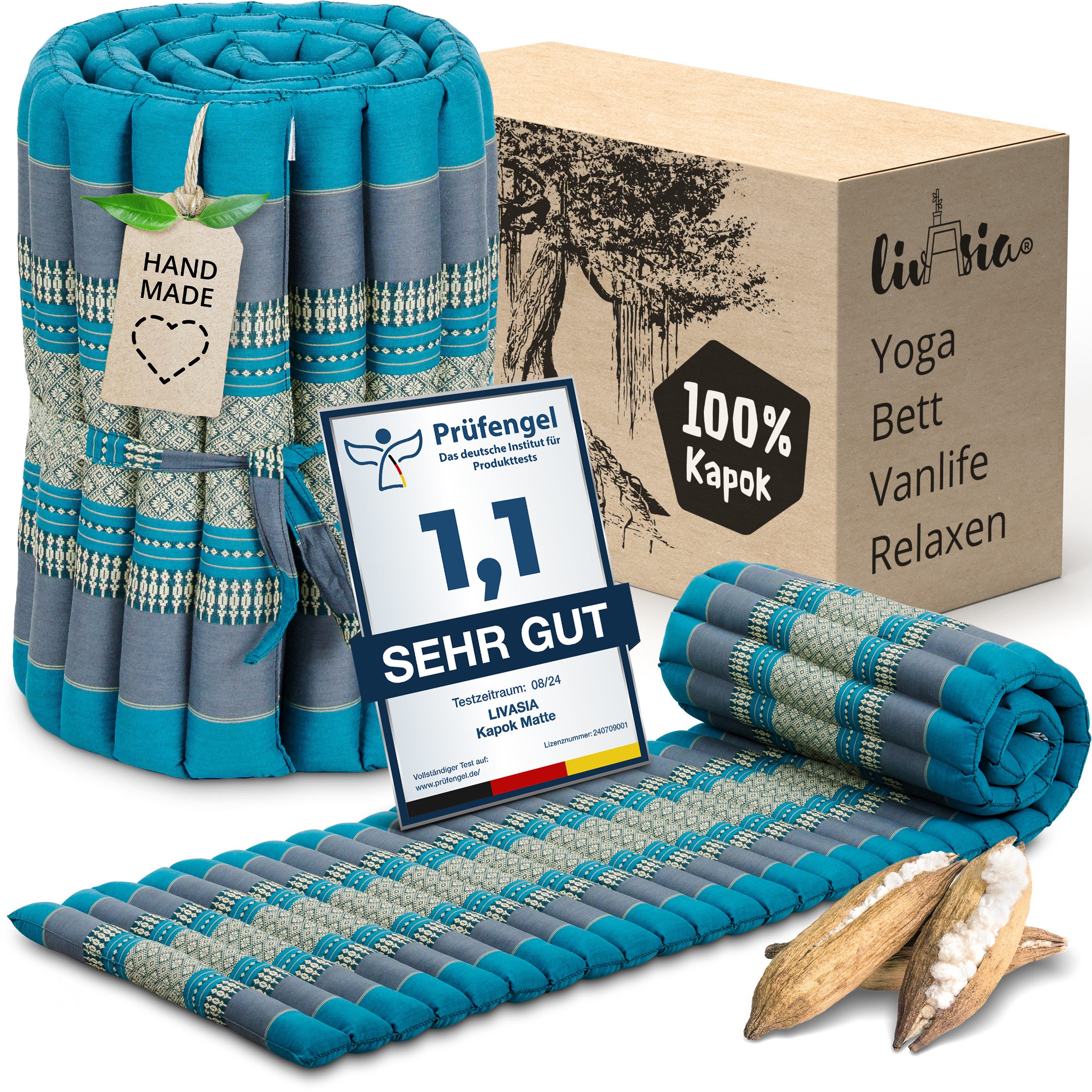 Reisebett-Matratzen Rollmatte 50 cm breit, vegan und handgefertigt, 210x50x4,5cm, livasia, 4,50 cm hoch, Kapok
