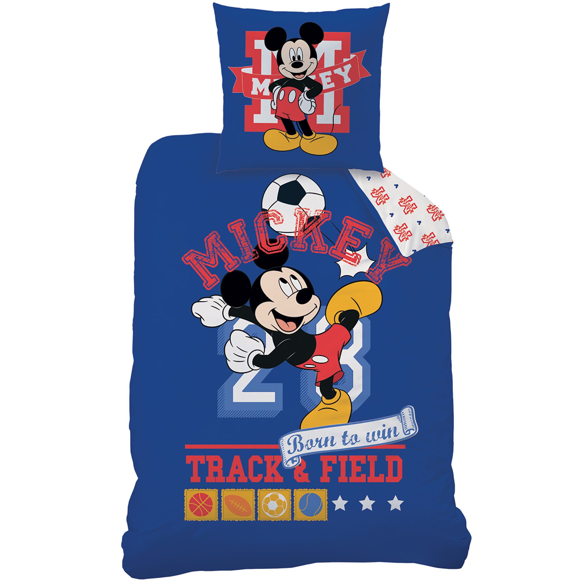 BERONAGE Kinderbettwäsche Mickey Mouse Fußball Bettwäsche Linon / Renforcé, 100% Baumwolle, 2 teilig, 135x200 cm + 80x80 cm mit Reißverschluss