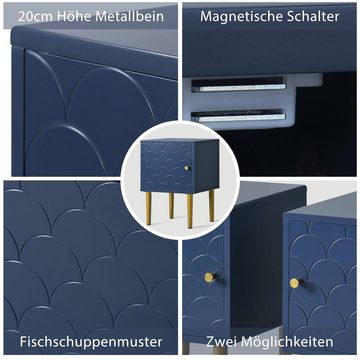 WISHDOR Nachttisch Nachtschrank Schubladenschrank Sideboard (Marineblau), FSC-zertifiziert,Einzigartige mit Fischschuppenmuster