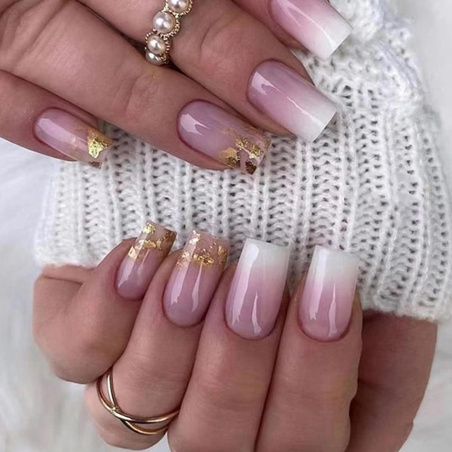 Kunstfingernägel 24 Stück Rosa Gradient Französische Nagel Aufkleber Set
