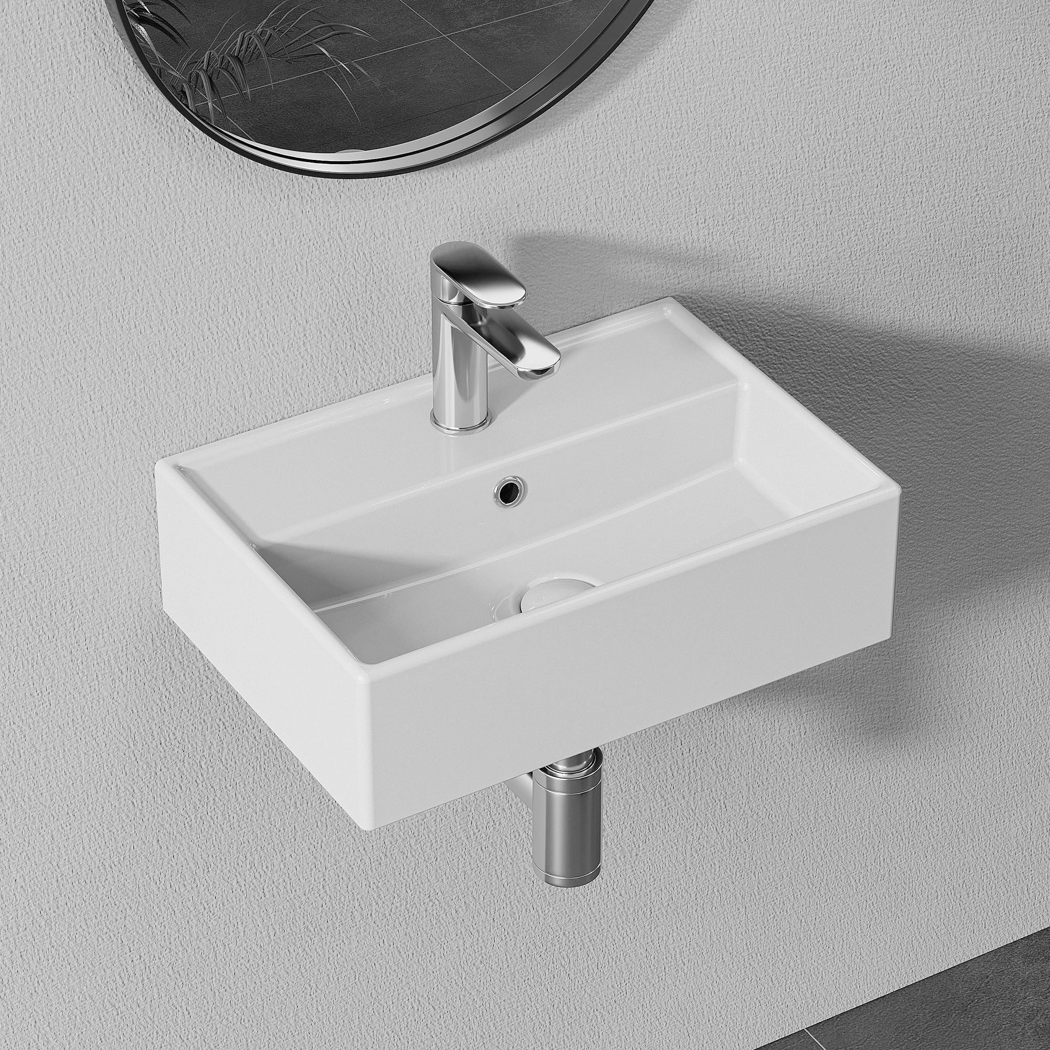 HOROW Waschbecken Aufsatzwaschbecken Hängewaschbecken Wandmontage Keramik 46*31cm (Waschtisch, mit Hahnloch und Überlauf - 60*42cm Weiß)