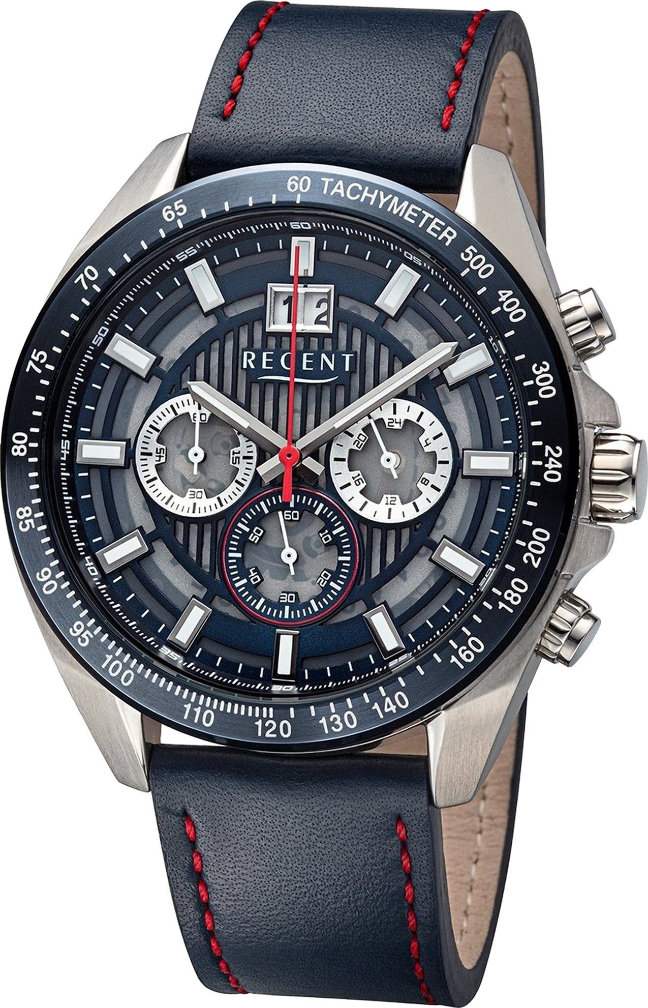 Regent Quarzuhr Regent Herren Armbanduhr Analog, Herren Armbanduhr rund, extra groß (ca. 46mm), Lederarmband blau-rot
