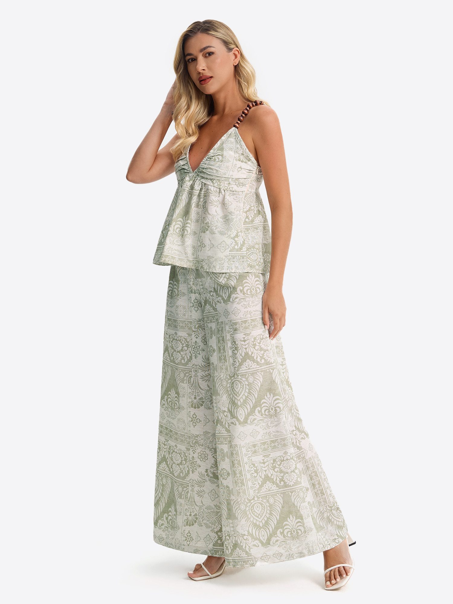 Imily Bela Hausanzug Damen 2-teiliges Strand-Set mit Perlen-Trägern und Vintage-Print (Set, 2 tlg., Trägertop + Palazzohose) Boho-Outfit