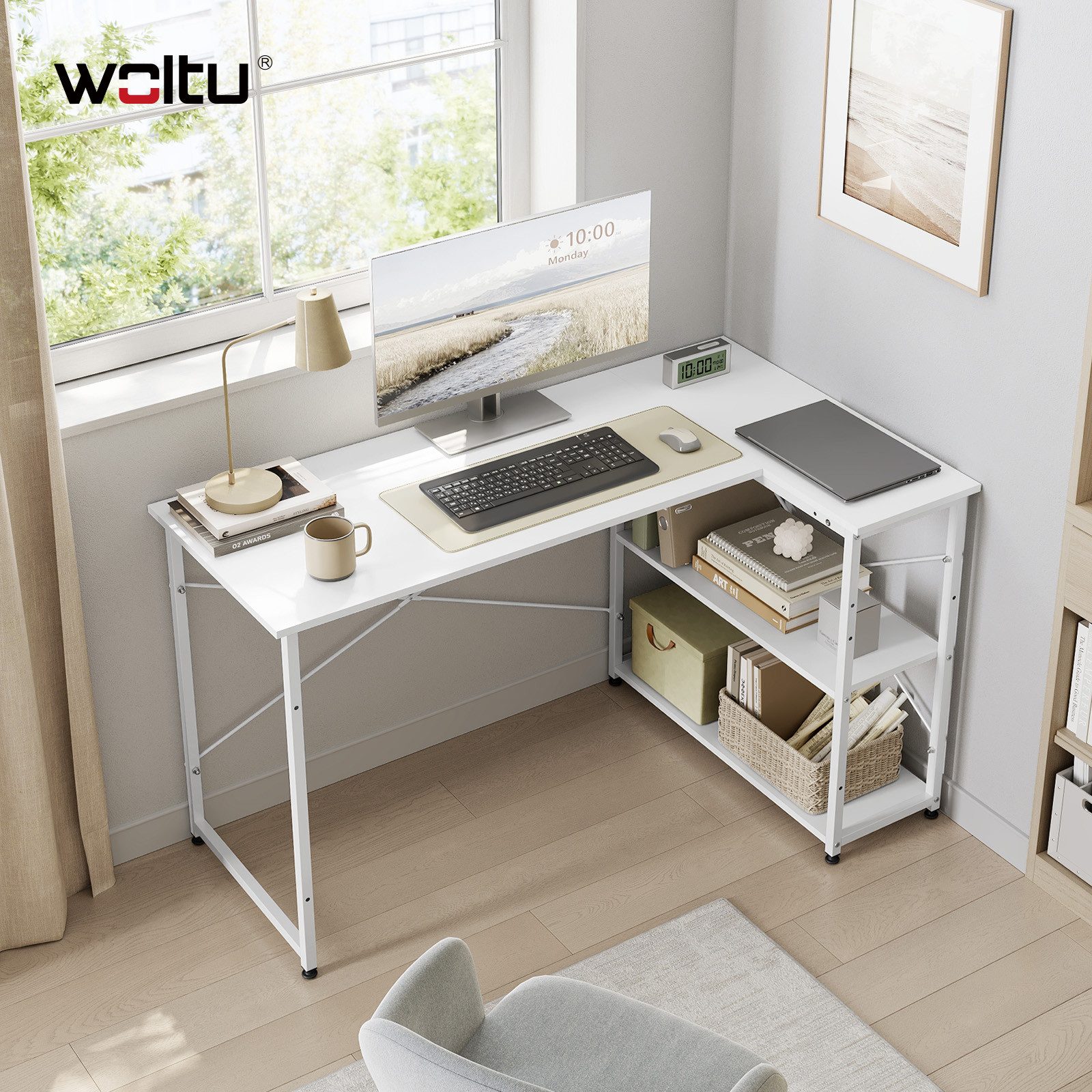 Woltu Schreibtisch (1-St), aus Holz und Stahl, mit Ablage, ca.120x74x71,5 c günstig online kaufen