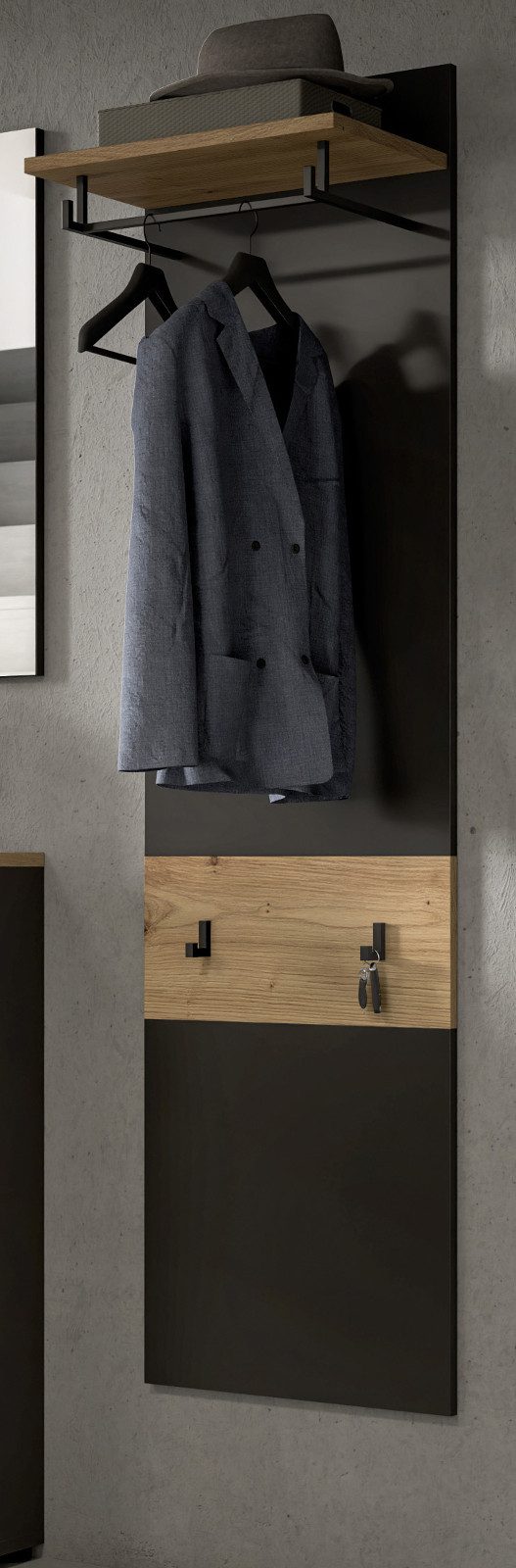 Inn.Furn Garderobenpaneel Cooper (Wandgarderobe in Eiche Artisan und Basalt Grau, 45 x 165 cm), mit Kleiderstange und 4 Kleiderhaken