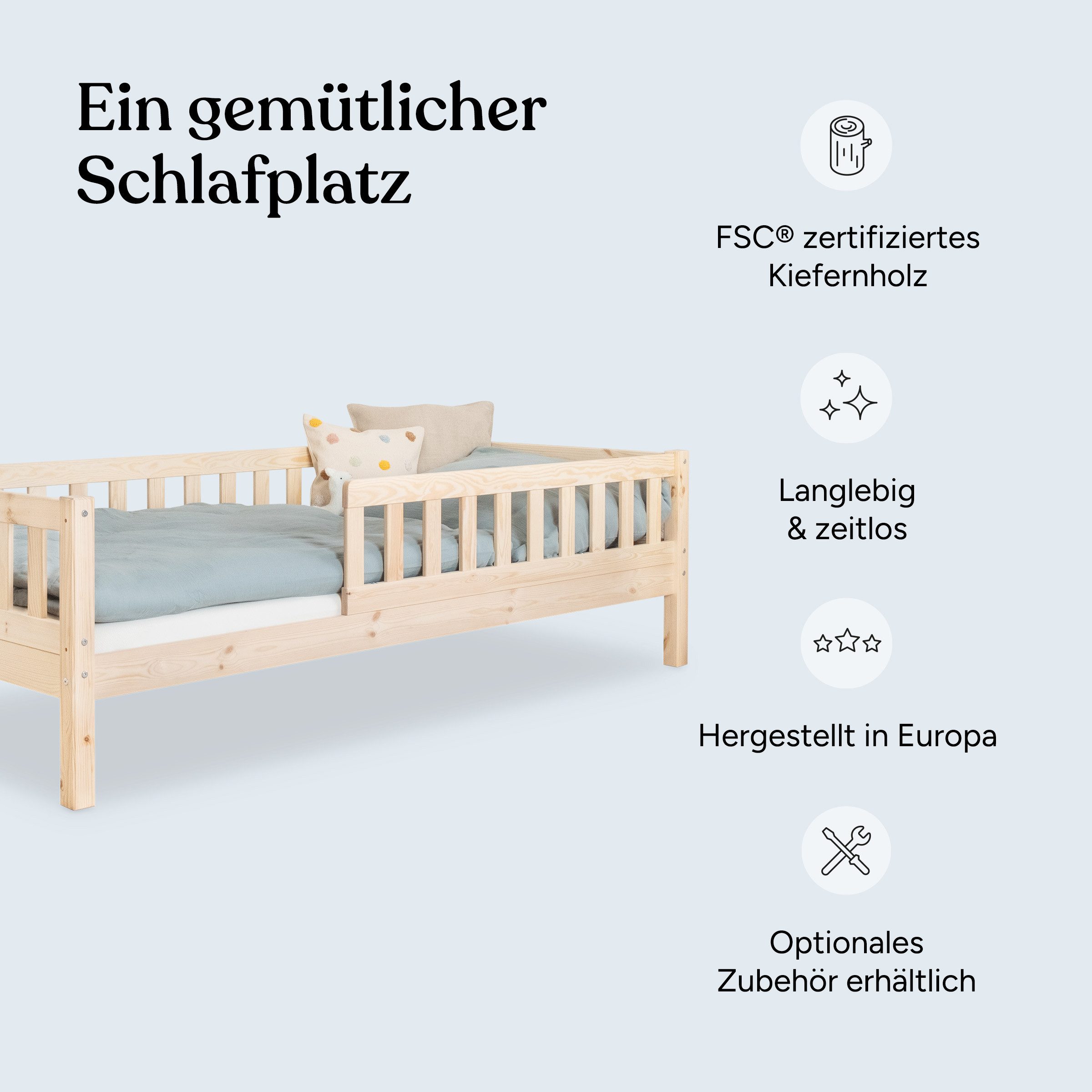 Ehrenkind Kinderbett Lille aus massivem Kieferholz inkl. Rollrost und Rausfallschutz (90x200 cm Natur, 2-in-1: Mit optionalem Umbauset zum Bodenbett umbaubar), flexibler Rausfallschutz beidseitig montierbar