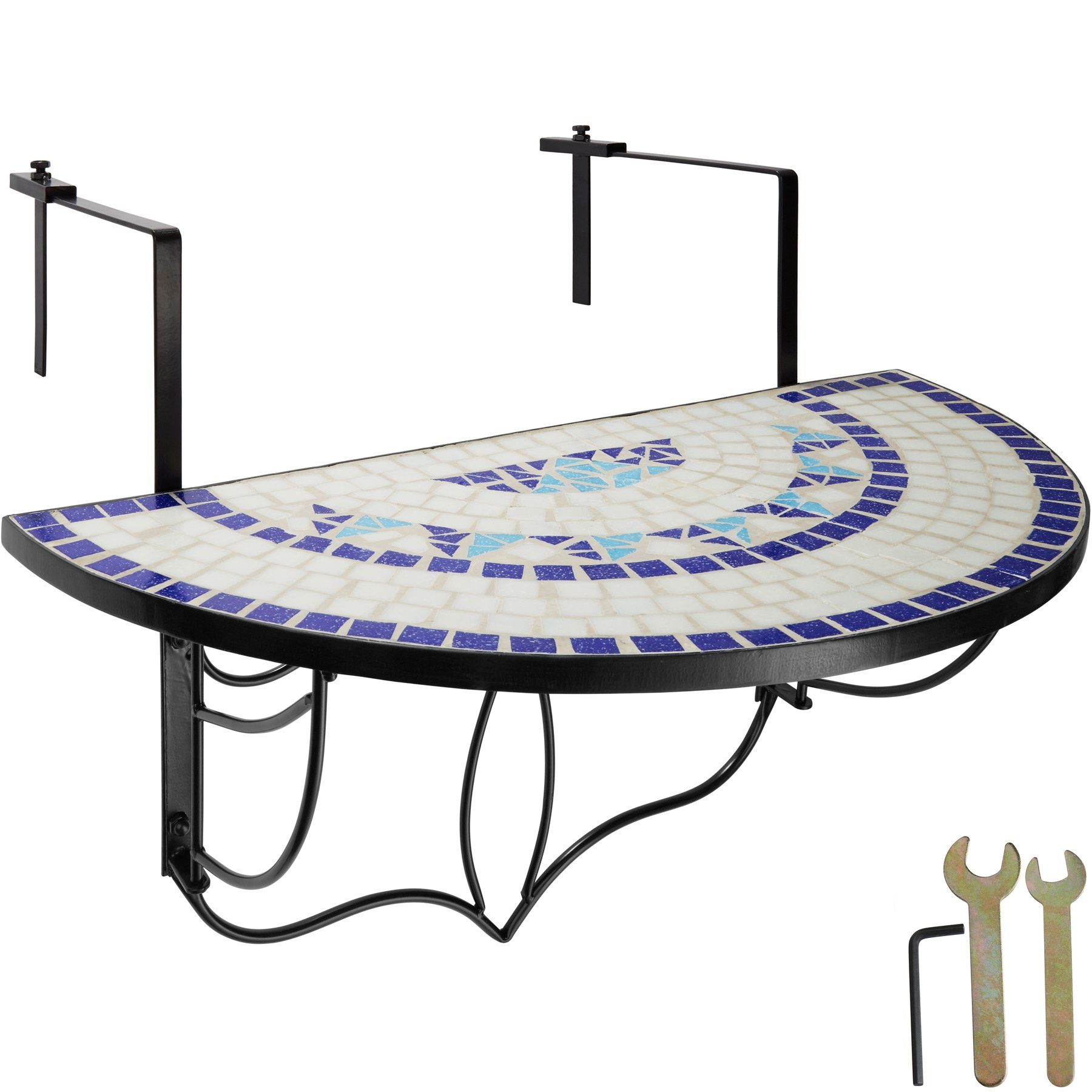 tectake Balkonhängetisch Balkontisch zum Einhängen, 75 x 65 x 62 cm, mit soliden Metallhaken (Klappbarer Balkontisch, 1-St., in weiß/blau), Stahl, Mosaik und Zement, halbkreisförmig, klappbar, massive Platte
