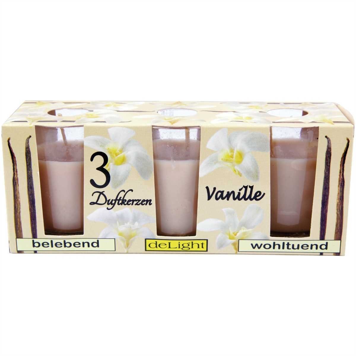 HS Candle Duftkerze Set im Glas (3-tlg), Vanille, warme & süße Duftnote, Ø4,5x6,5 cm, bis zu 12h Brenndauer – Bild 2 von 5