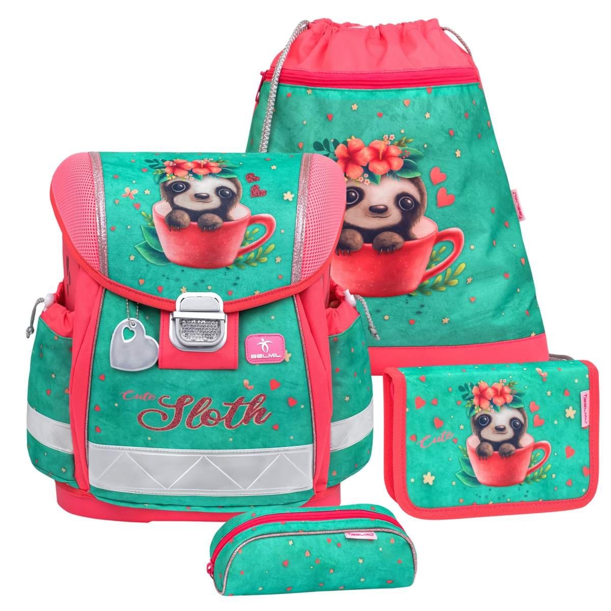 Belmil Schulranzen Classy 2024 Set 1. Klasse, Faultier, 4tlg., 1. Klasse, Grundschule, Einschulung, für Mädchen