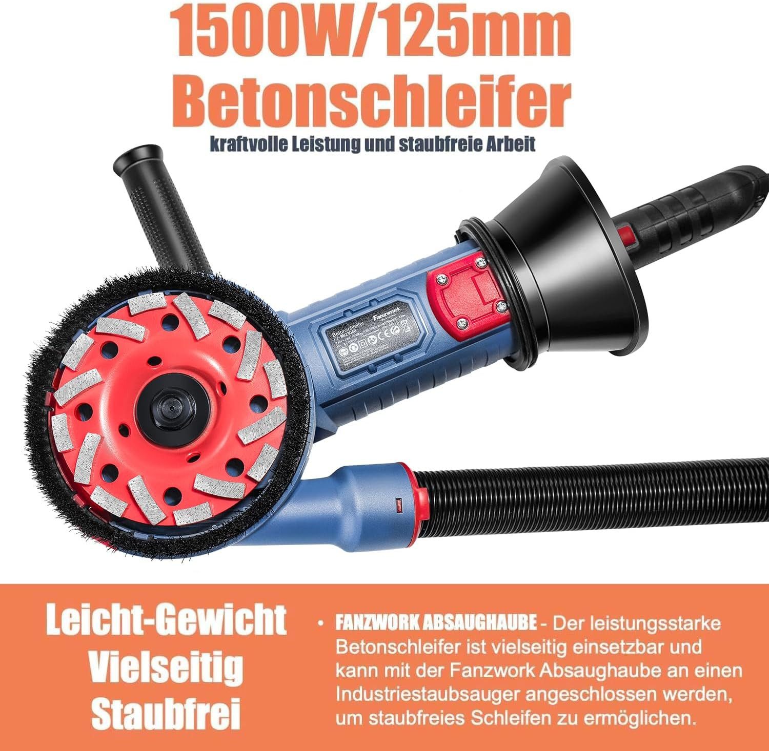 Fanzwork Winkelschleifer 1500W Betonschleifer Drehzahlregelbar inkl. 2x125mm Diamantschleiftopf, Ideal für Beton, Estrich und Fliesenkleber Schleifen