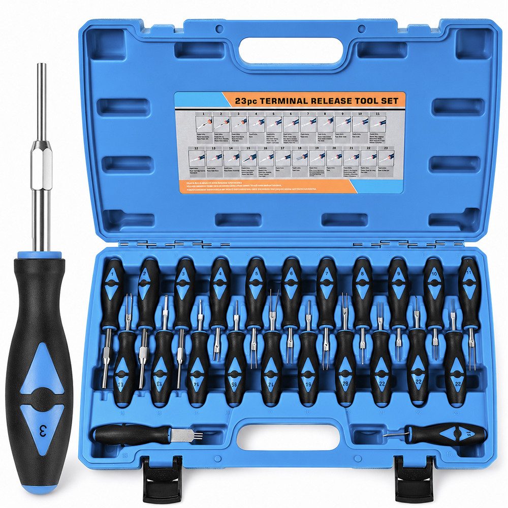 PRIISF Werkzeugset Auspinwerkzeug KFZ Stecker Set Profi Terminal Entriegelungswerkzeug, (Vielseitiges KFZ Werkzeugsatz für Auto Elektrik Kabelstecker DIY Mechaniker, 23-tlg., Universal Entriegler für KFZ Elektrik, ISO & Terminal Stecker), Passend für VW, BMW, Audi BMW & Mercedes Stecker