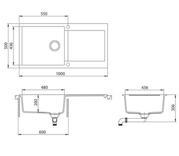GURARI Küchenspüle SQT 103 -601 AWP+RM-2845-G, (2 St), Einbau Granitspüle Schwarz, inkl. Siphon+Aufrollbare Abtropfmatte