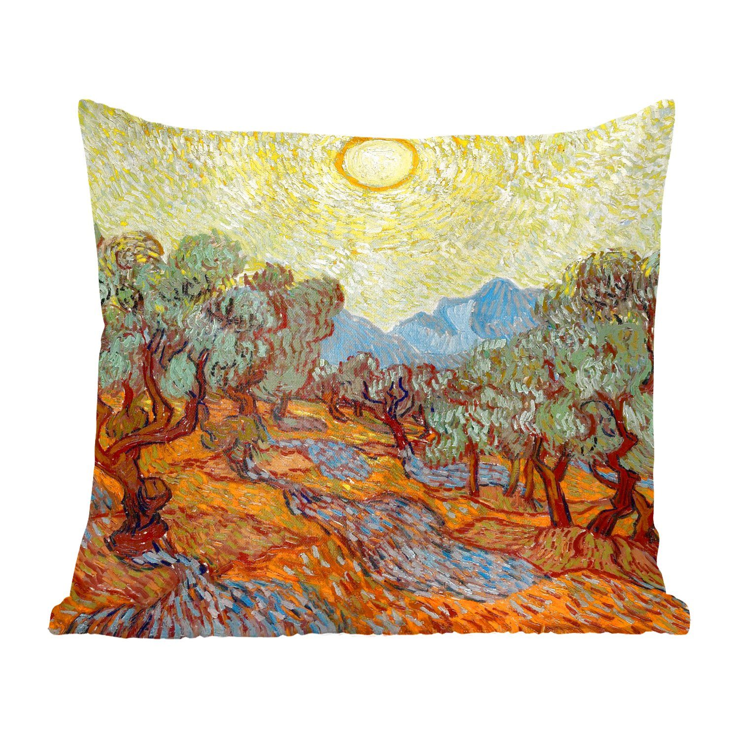 MuchoWow Dekokissen Olivenbäume mit gelbem Himmel und Sonne - Gemälde von Vincent van Gogh, Zierkissen mit Füllung für Wohzimmer, Schlafzimmer, Deko, Sofakissen