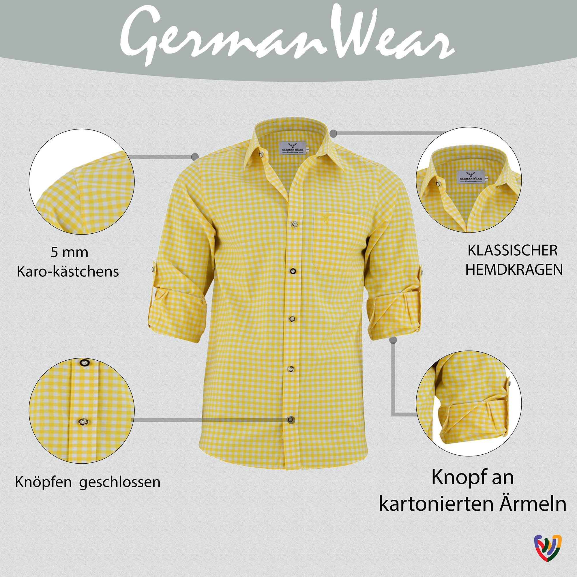 German Wear Trachtenhemd GW1209 Karo Trachtenhemd Fasching & Karneval Gelb kariert