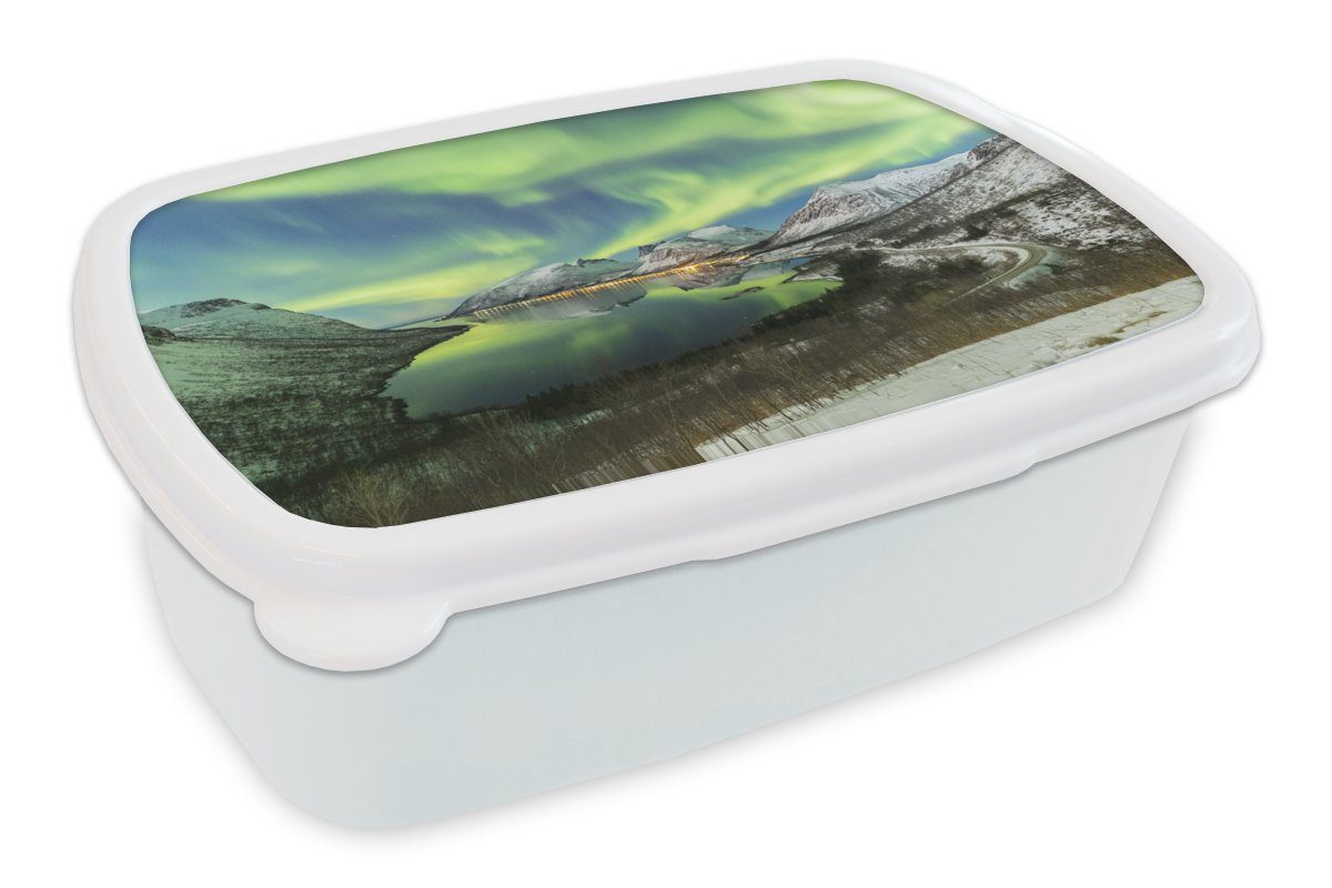MuchoWow Lunchbox Nordlichter Kunststoff, - und Fjord weiß Mädchen Brotdose, Brotbox und - Jungs Kinder für (2-tlg), Norwegen, Erwachsene, für