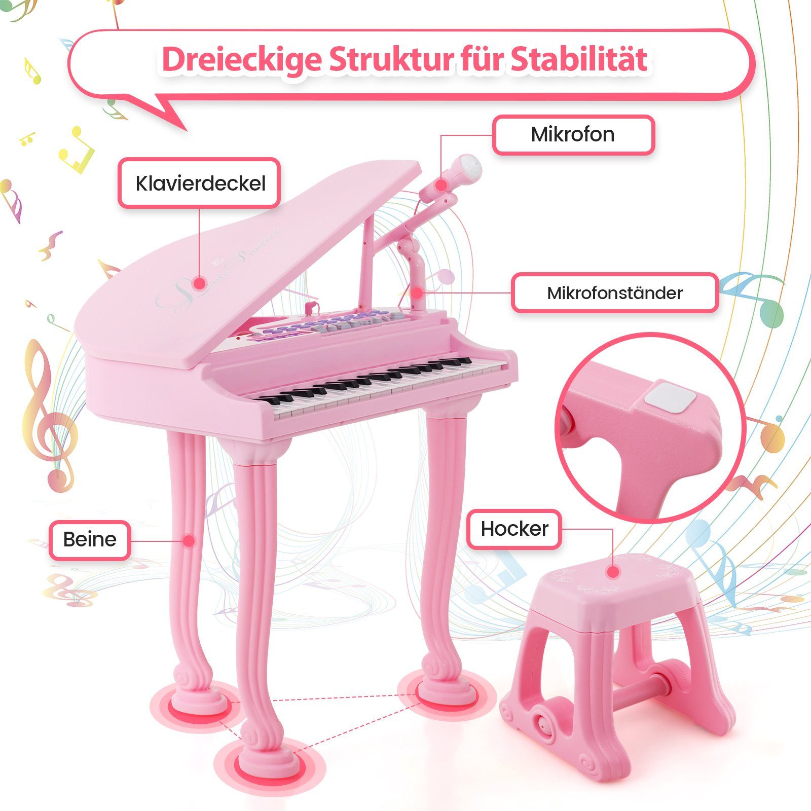 COSTWAY Spielzeug-Musikinstrument 37 Tasten Keyboard, mit Hocker & Mikrofon