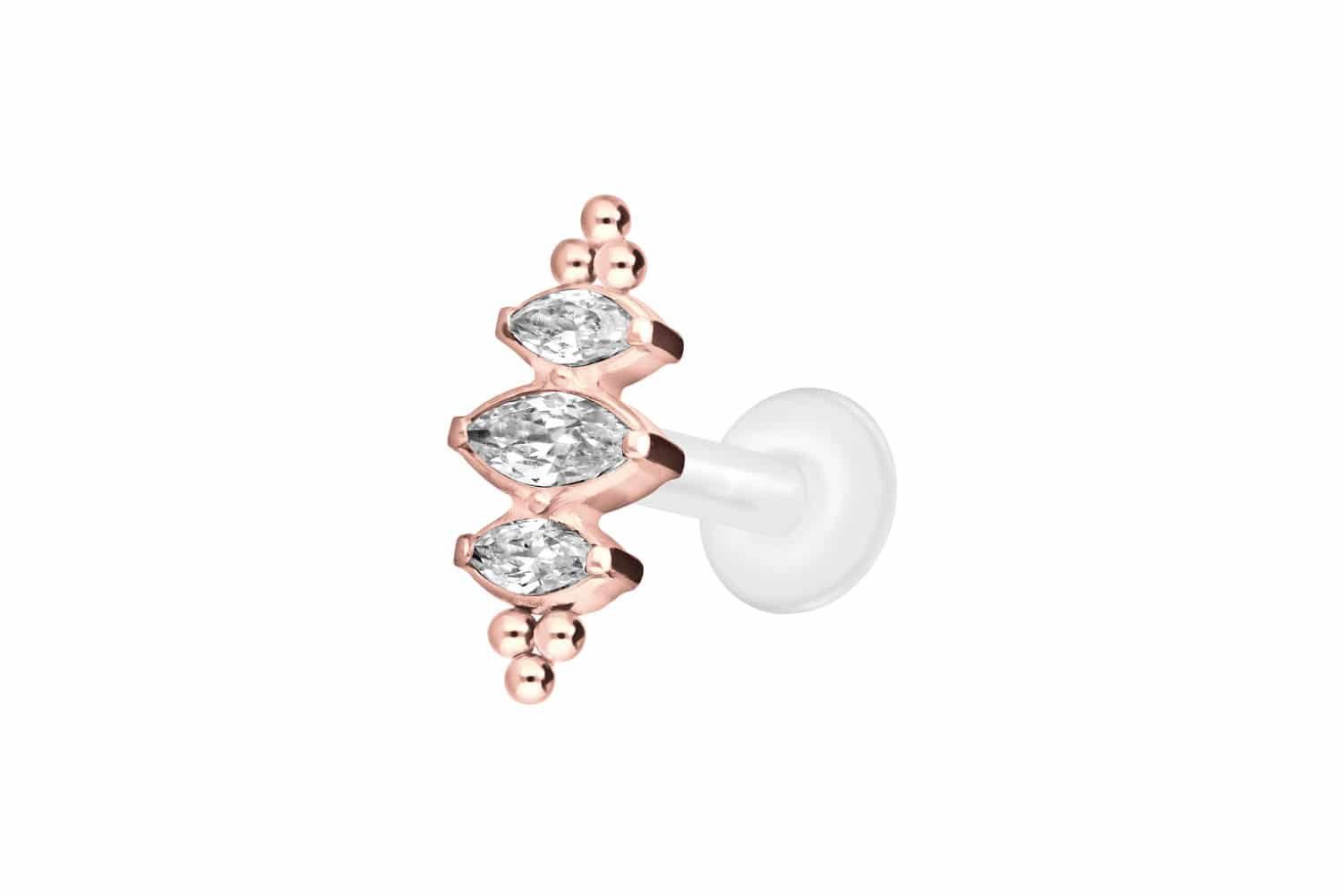 Piercing-Set PTFE Labret mit Innengewinde + Titan-Aufsatz 3 KRISTALLTROPFEN +