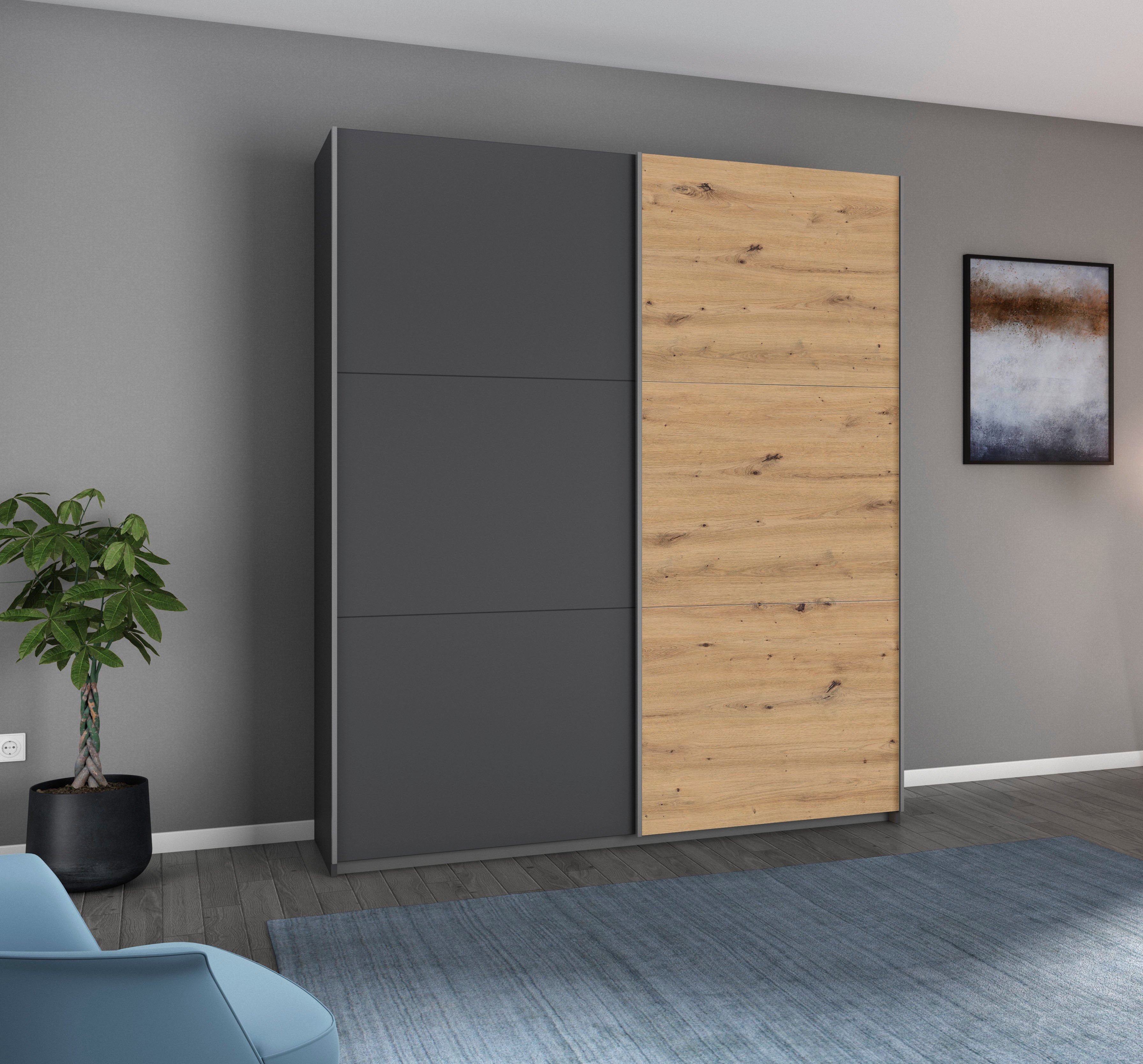 rauch Schwebetürenschrank AURELIO Kleiderschrank Garderobe (3 Ausstattungen BASIC/CLASSIC/PREMIUM (inkl. SOFT-CLOSE-FUNKTION) 3 verschiedene Ausstattungsvarianten Griffe aus Metall MADE IN GERMANY
