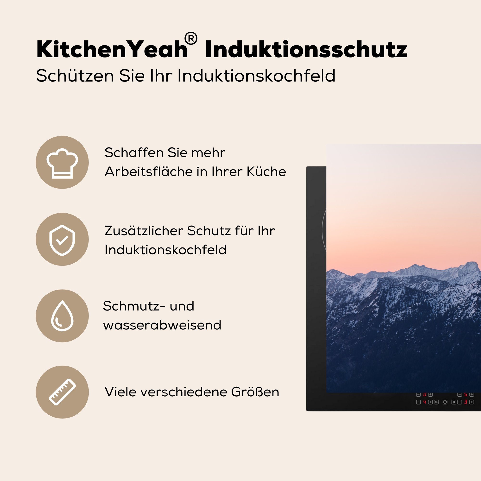 Herdblende-/Abdeckplatte küche Orange, tlg), cm, - Vinyl, 83x51 für Alpen (1 Ceranfeldabdeckung, - MuchoWow Berge Arbeitsplatte