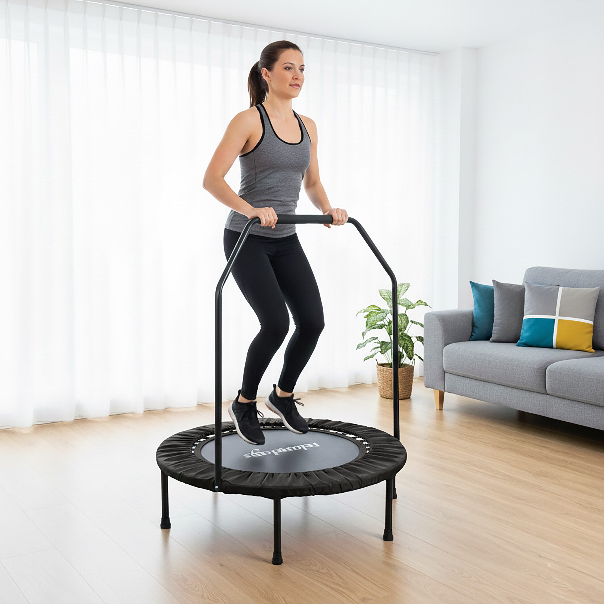 relaxdays Fitnesstrampolin Trampolin mit Haltestange Ø 102 cm, schwarz, 102 cm