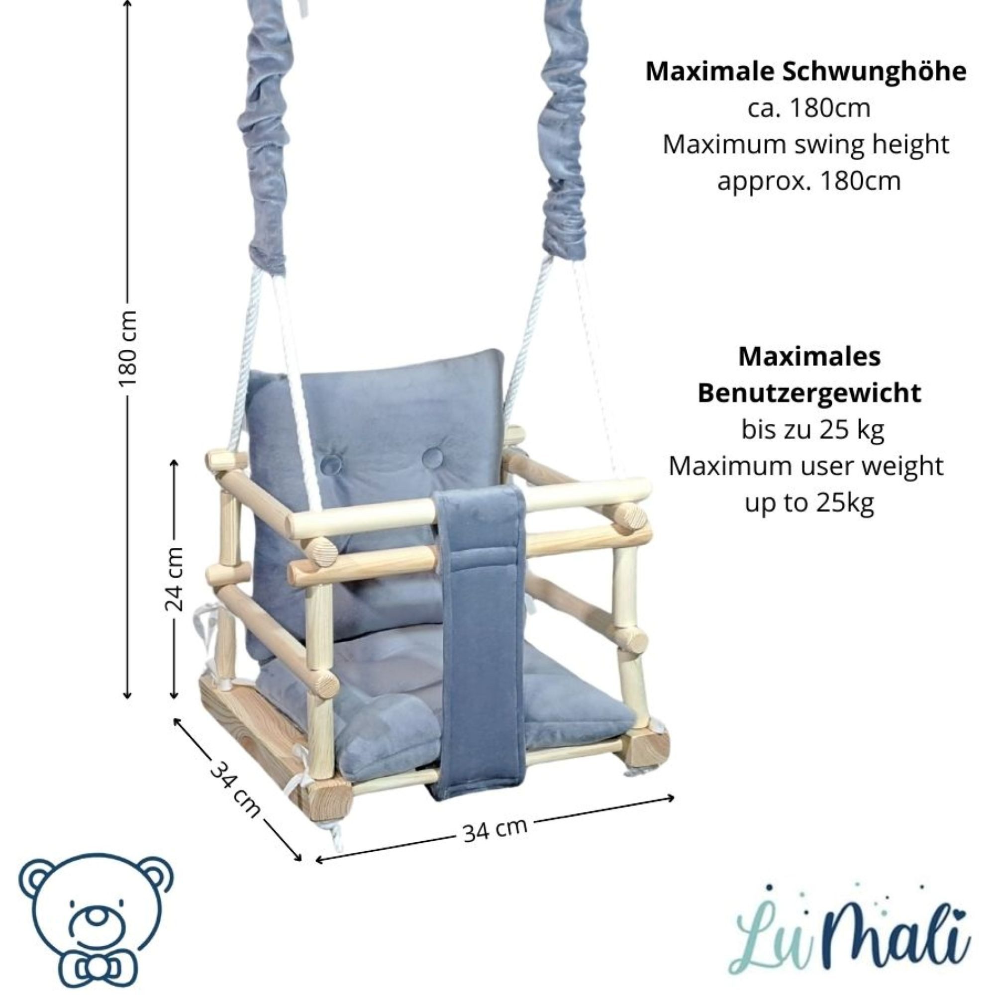 LuMali Babyschaukel Babyschaukel Magic 3in1 Holz Sicherheitsgurt drinnen draußen 34cm, Kinderschaukel Naturholz Kiefer weich verstellbar 10-36 Monate
