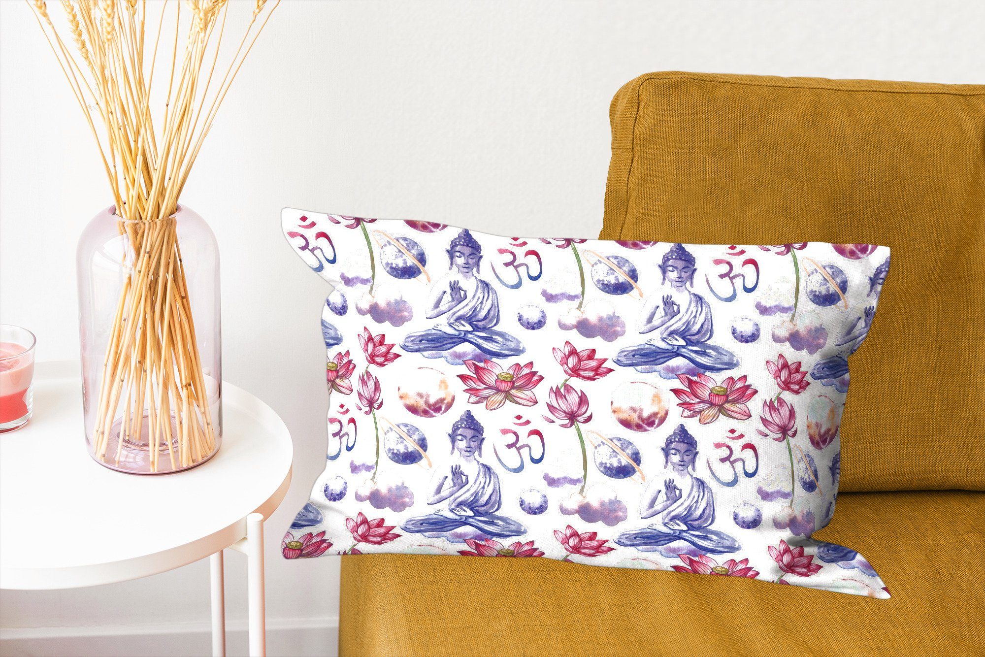MuchoWow Dekokissen Buddha - Muster mit Weiß, - Schlafzimmer Füllung, Wohzimmer Dekoration, Dekokissen Zierkissen